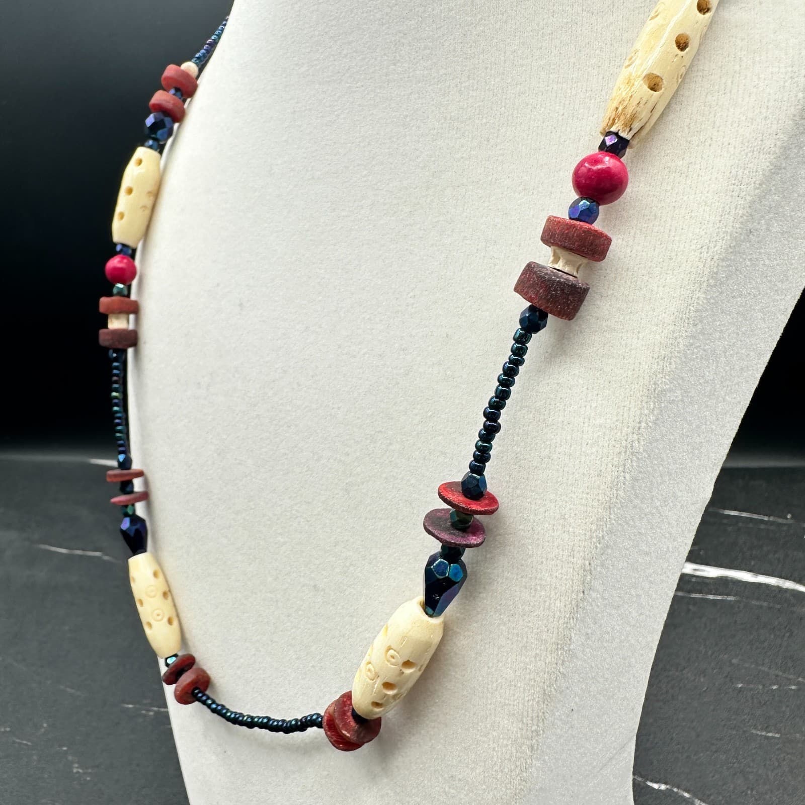 Vintage 90s Boho Wooden Beaded Necklace Statement Retro Women's Classic Jewelry - Thumbnail 4