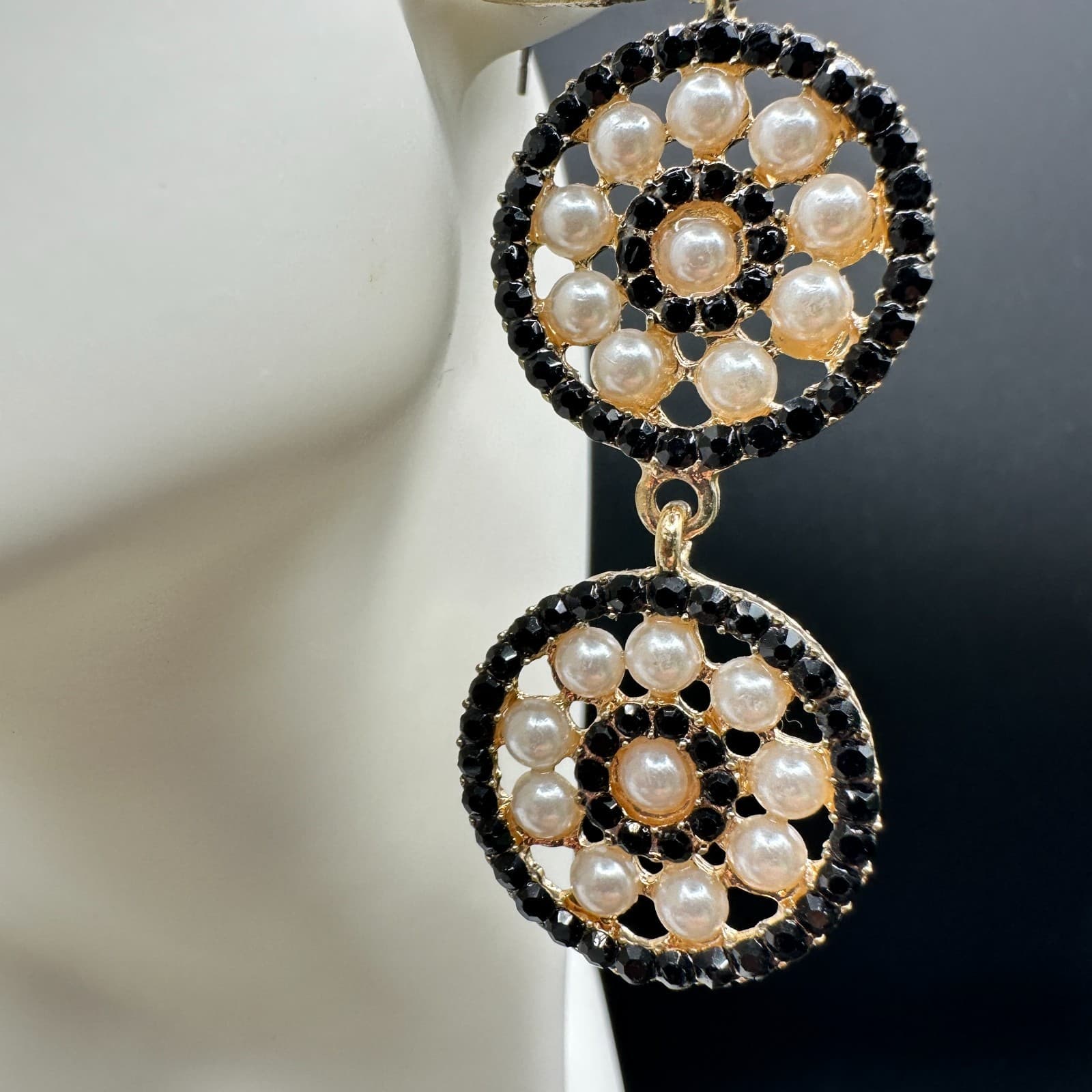 VTG Gold Tone Triple Circle Drop Earrings Black Rhinestone &Faux Pearl Statement - Thumbnail 2