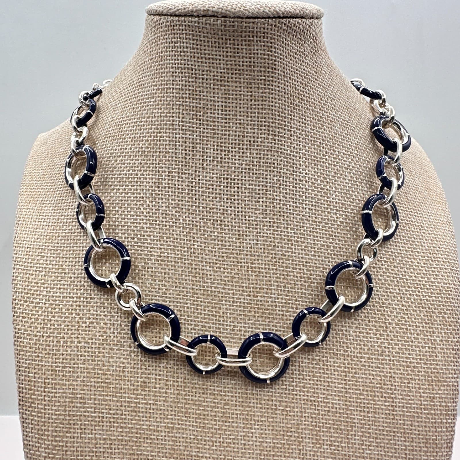 Vintage Y2K Silver Tone Blue Enamel Circle Link Choker Necklace Women's Jewelry - Thumbnail 2