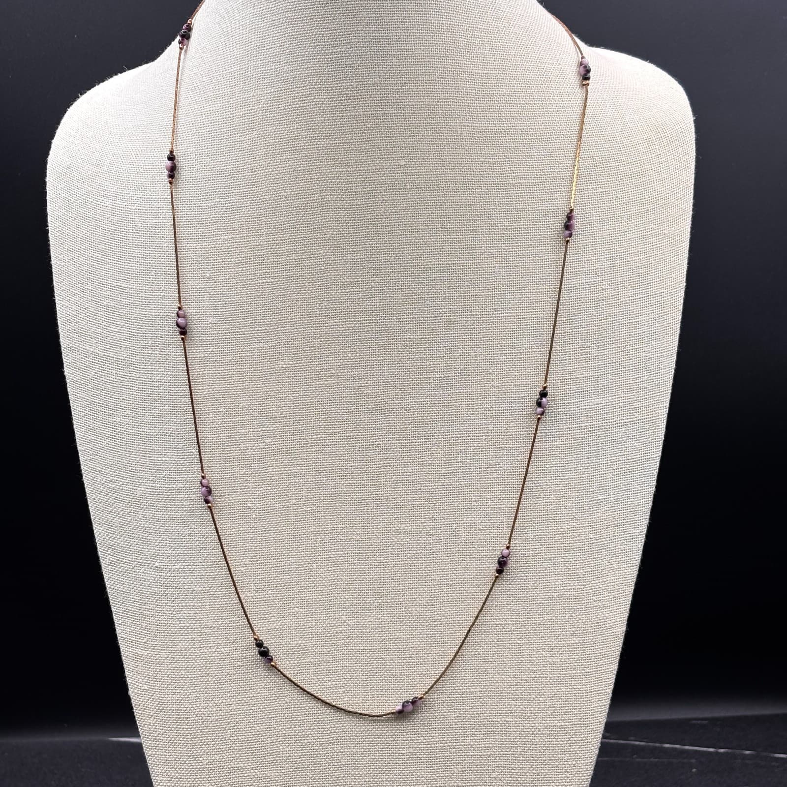 Purple Glass Bead Long Necklace Women's Brown Strand Layering Fashion Jewelry - Image 1