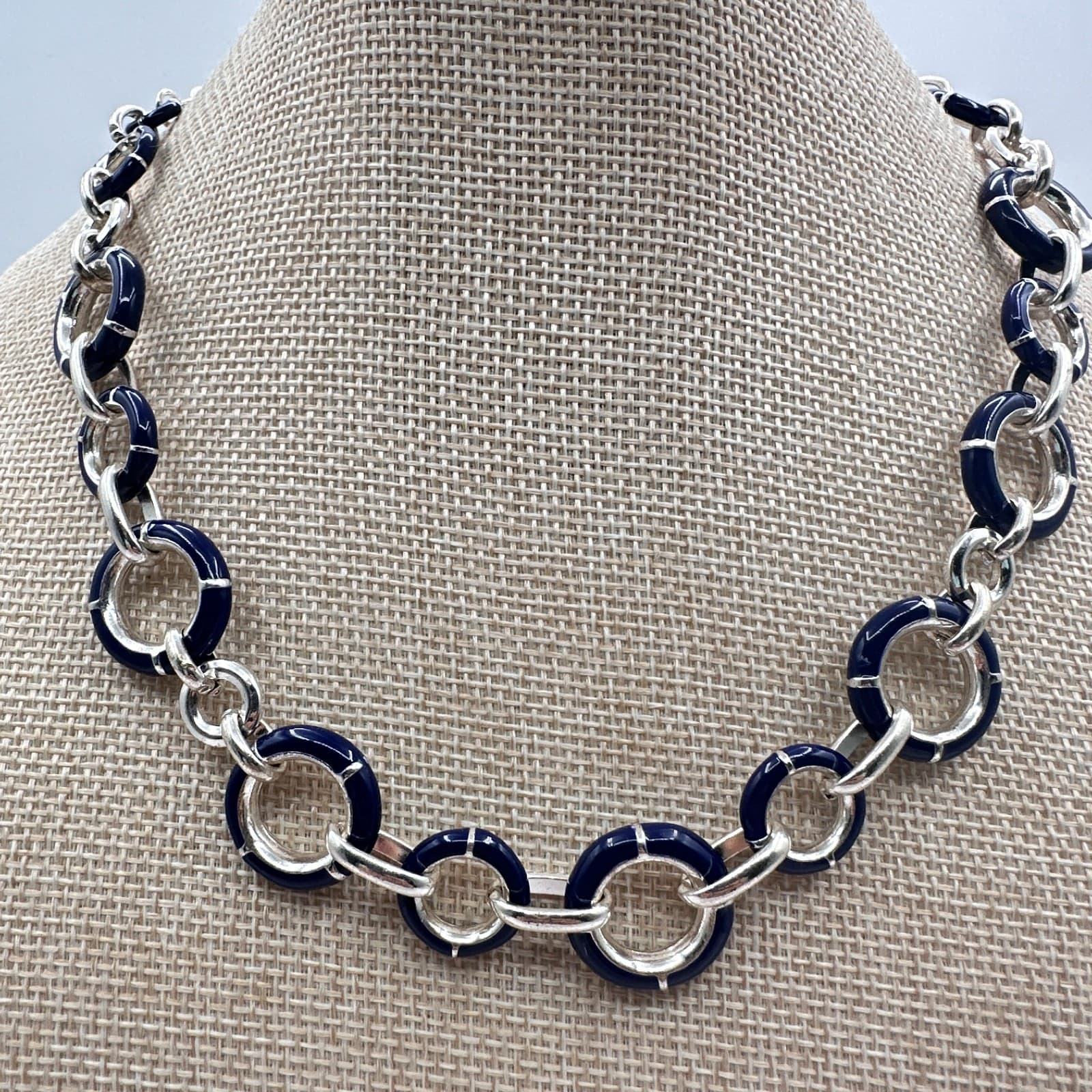 Vintage Y2K Silver Tone Blue Enamel Circle Link Choker Necklace Women's Jewelry - Thumbnail 3