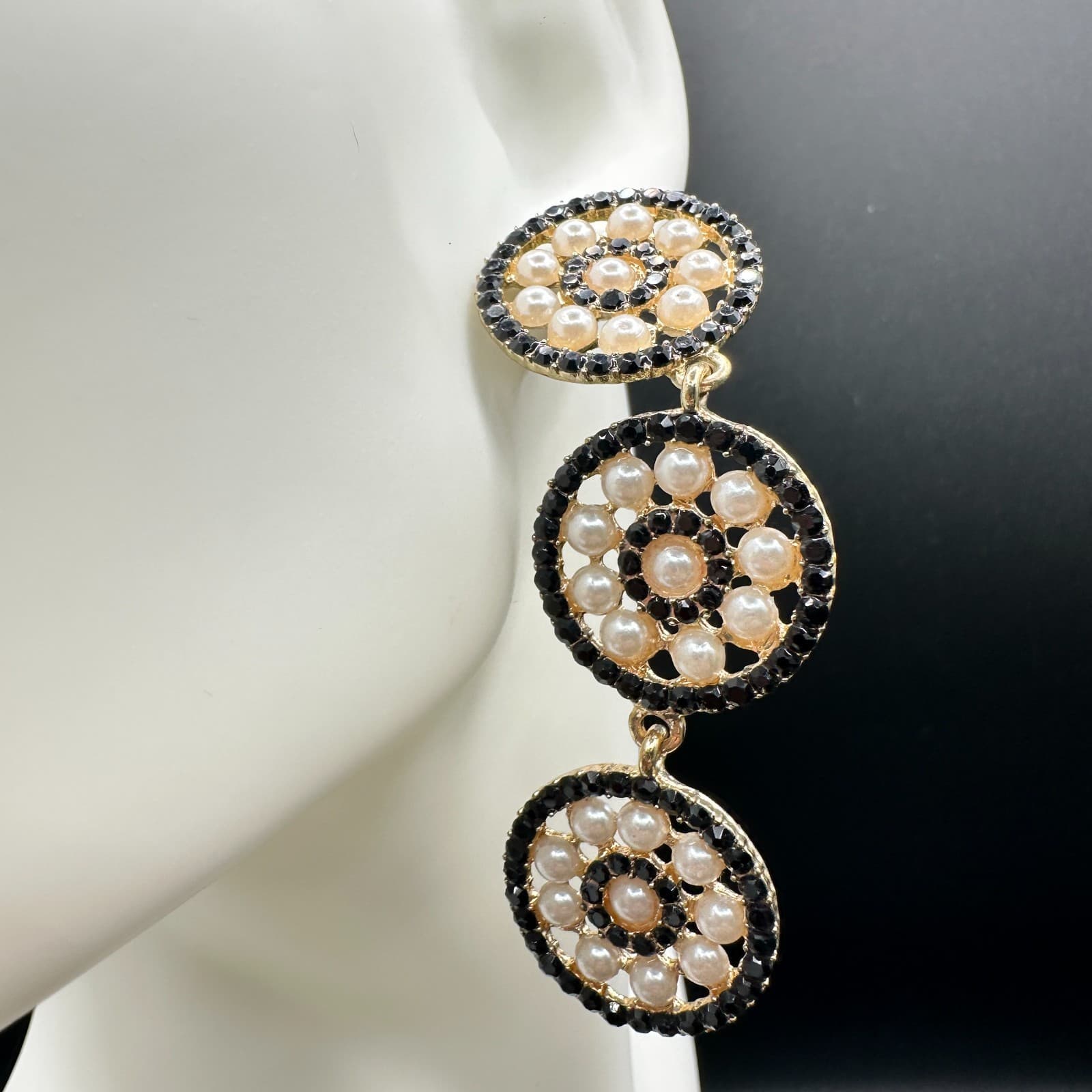 VTG Gold Tone Triple Circle Drop Earrings Black Rhinestone &Faux Pearl Statement - Image 1