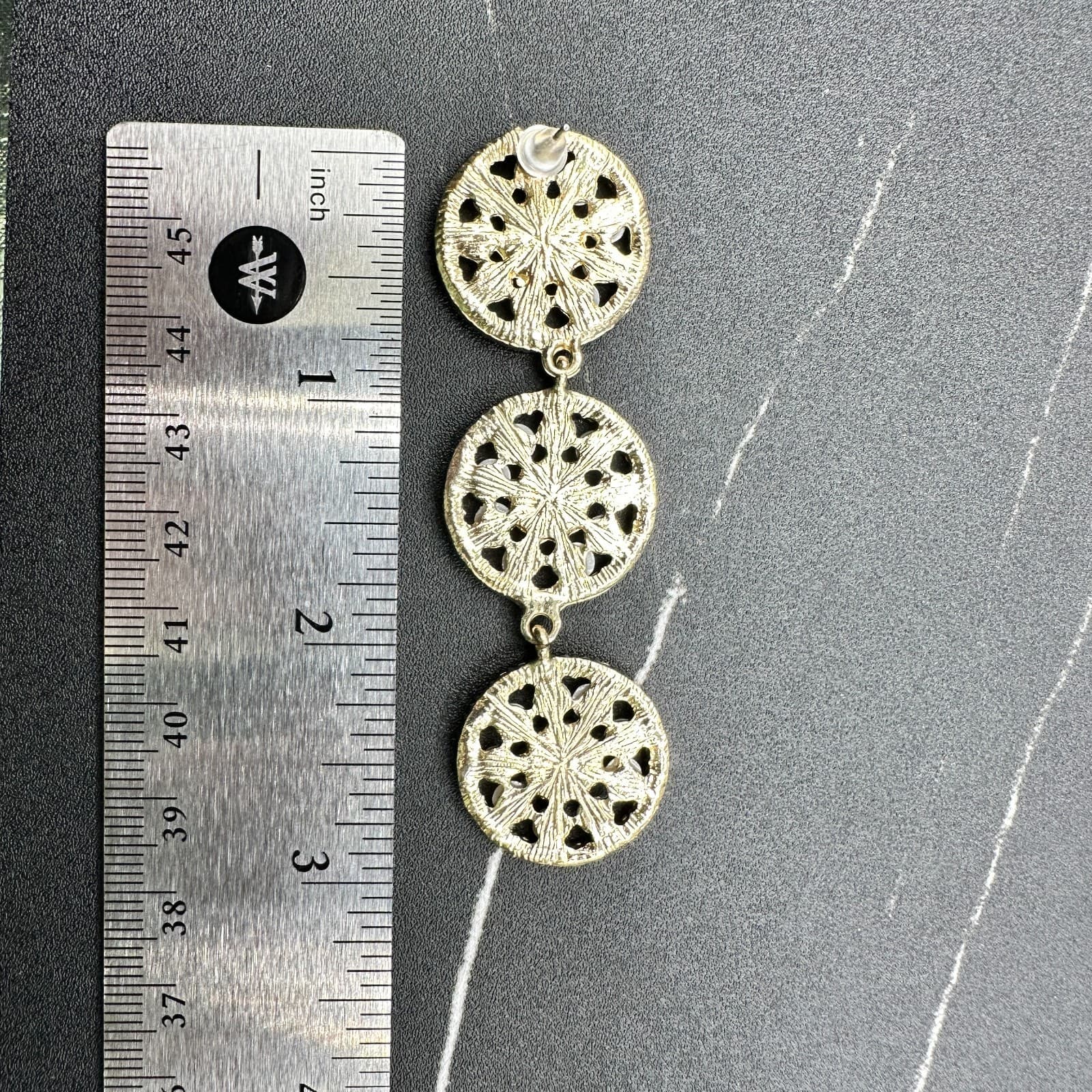 VTG Gold Tone Triple Circle Drop Earrings Black Rhinestone &Faux Pearl Statement - Thumbnail 7