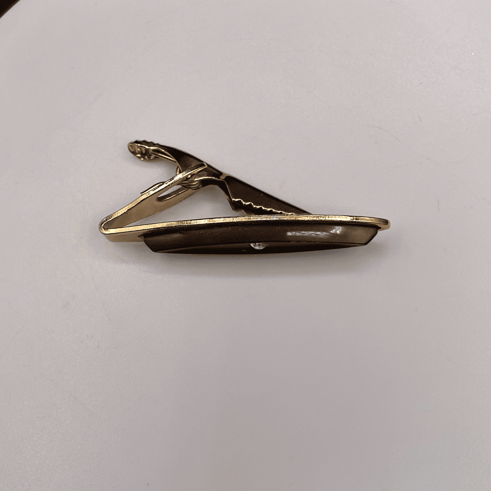 VTG Gold Tone Tie Clip Bar Dark Brown Resin Inlay Rhinestone Mid Century Style - Thumbnail 2