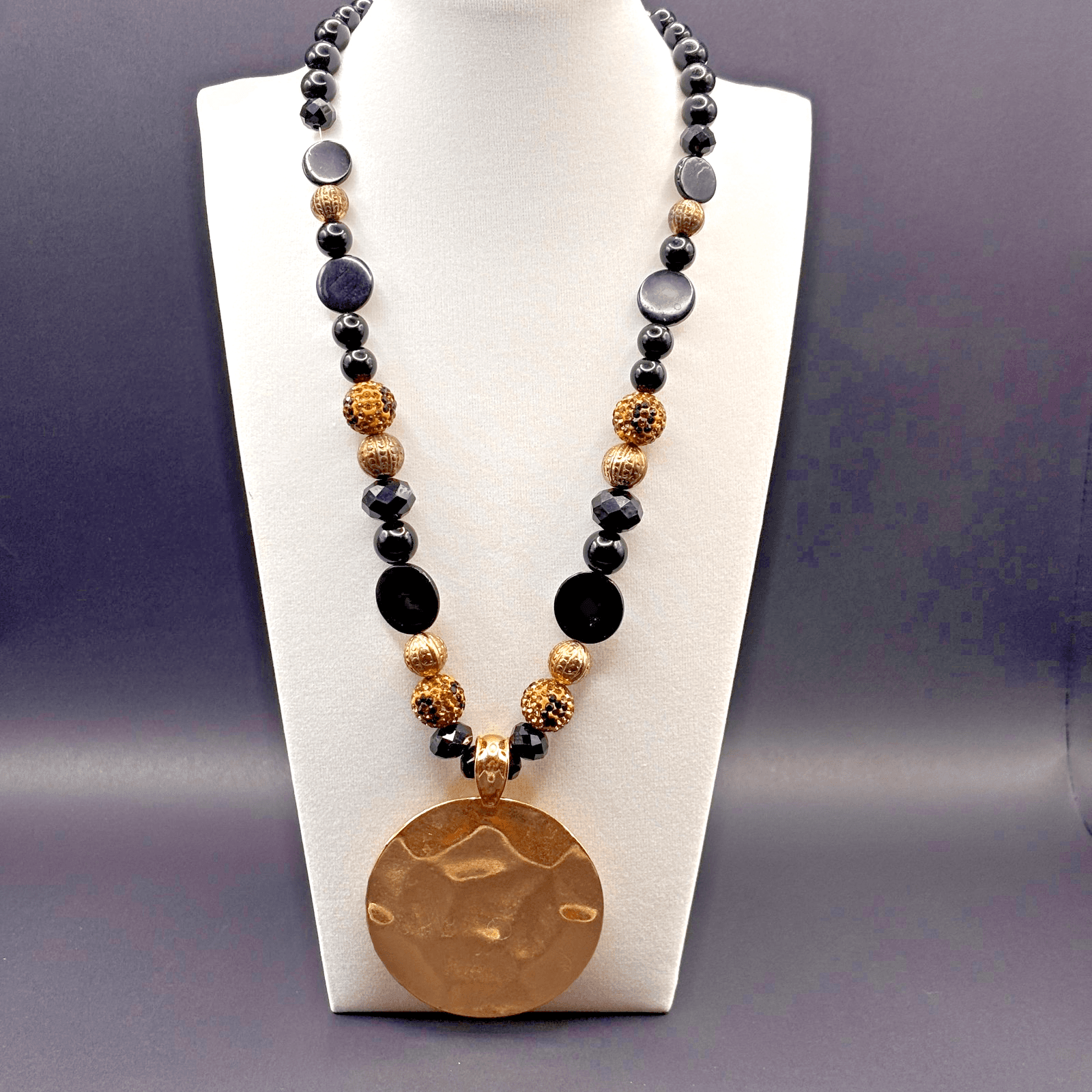 Vintage Gold Black Chunky Necklace Hammered Pendant Resin Crystal Beaded Jules - Image 1