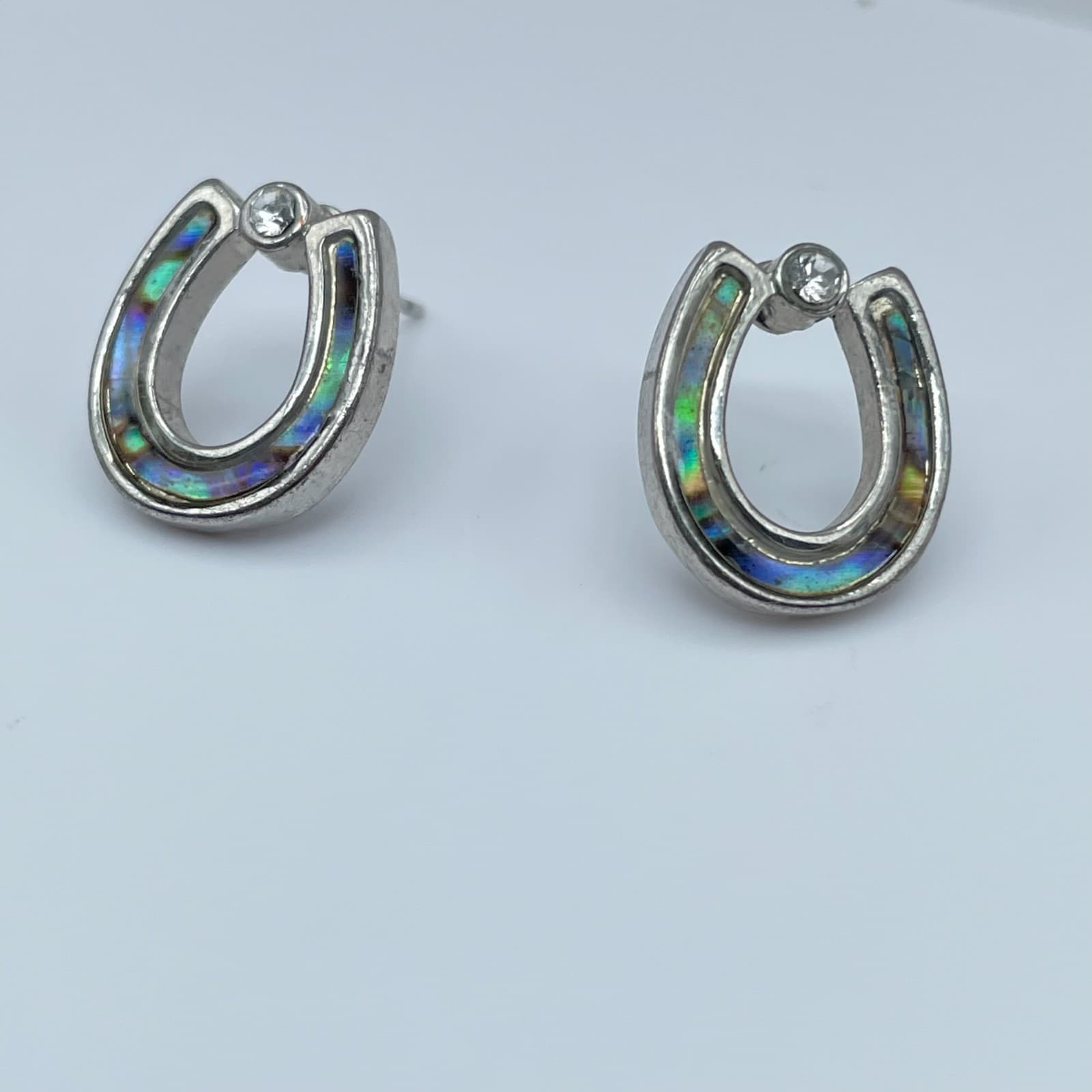 Vintage 80s Silver-Tone Abalone Accent Horseshoe Stud Earrings Jewelry - Thumbnail 2