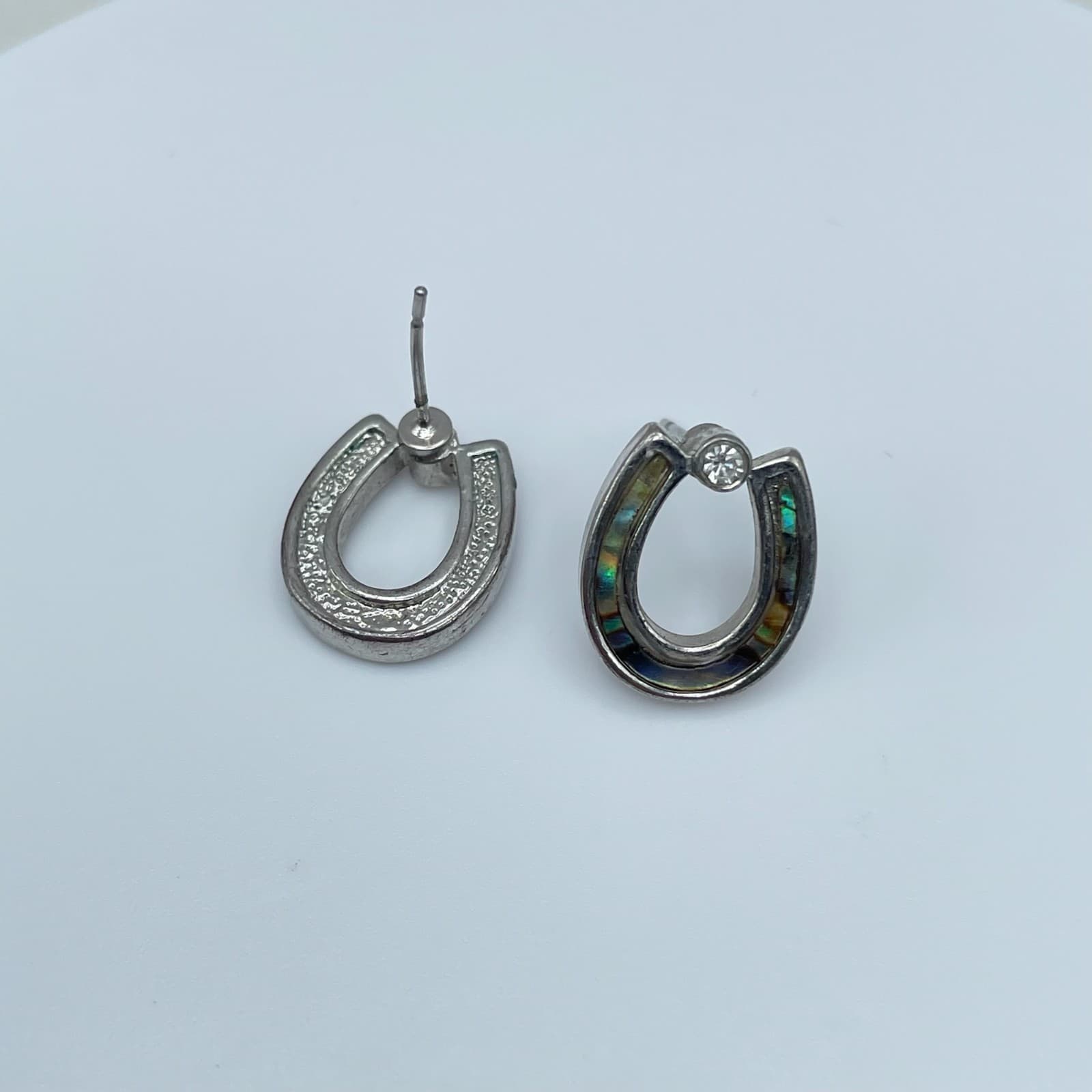 Vintage 80s Silver-Tone Abalone Accent Horseshoe Stud Earrings Jewelry - Thumbnail 8