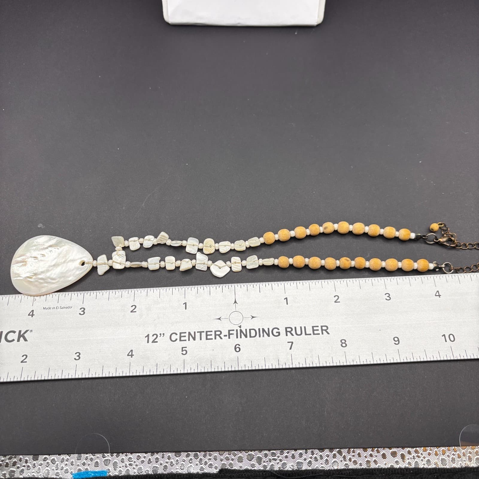 Vintage Boho Wood Bead Mother of Pearl Pendant Necklace Beach Tribal Jewelry - Thumbnail 12