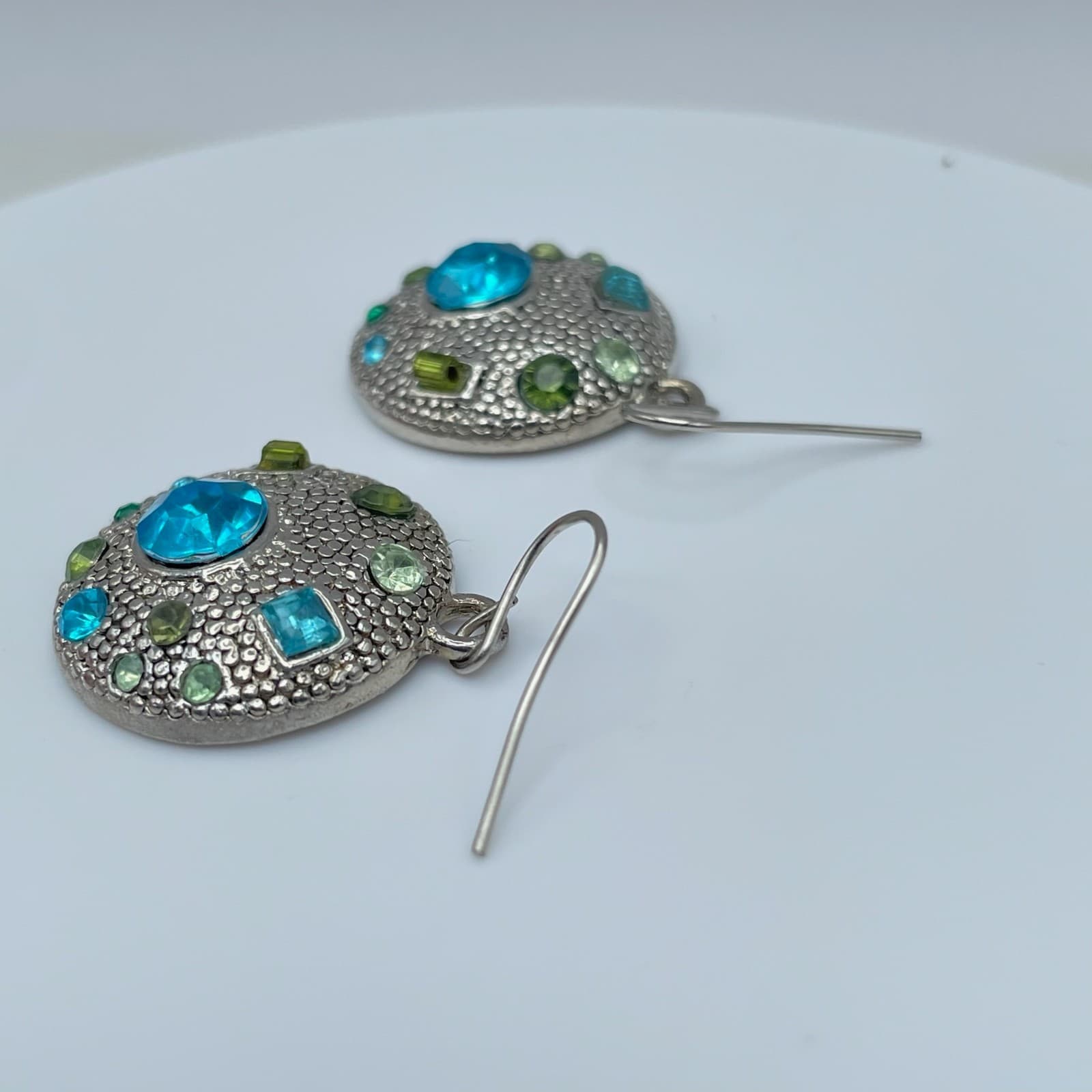 Vintage 80s Locke Silver Tone Blue Green Hook Dangle Earrings Jewelry - Thumbnail 4
