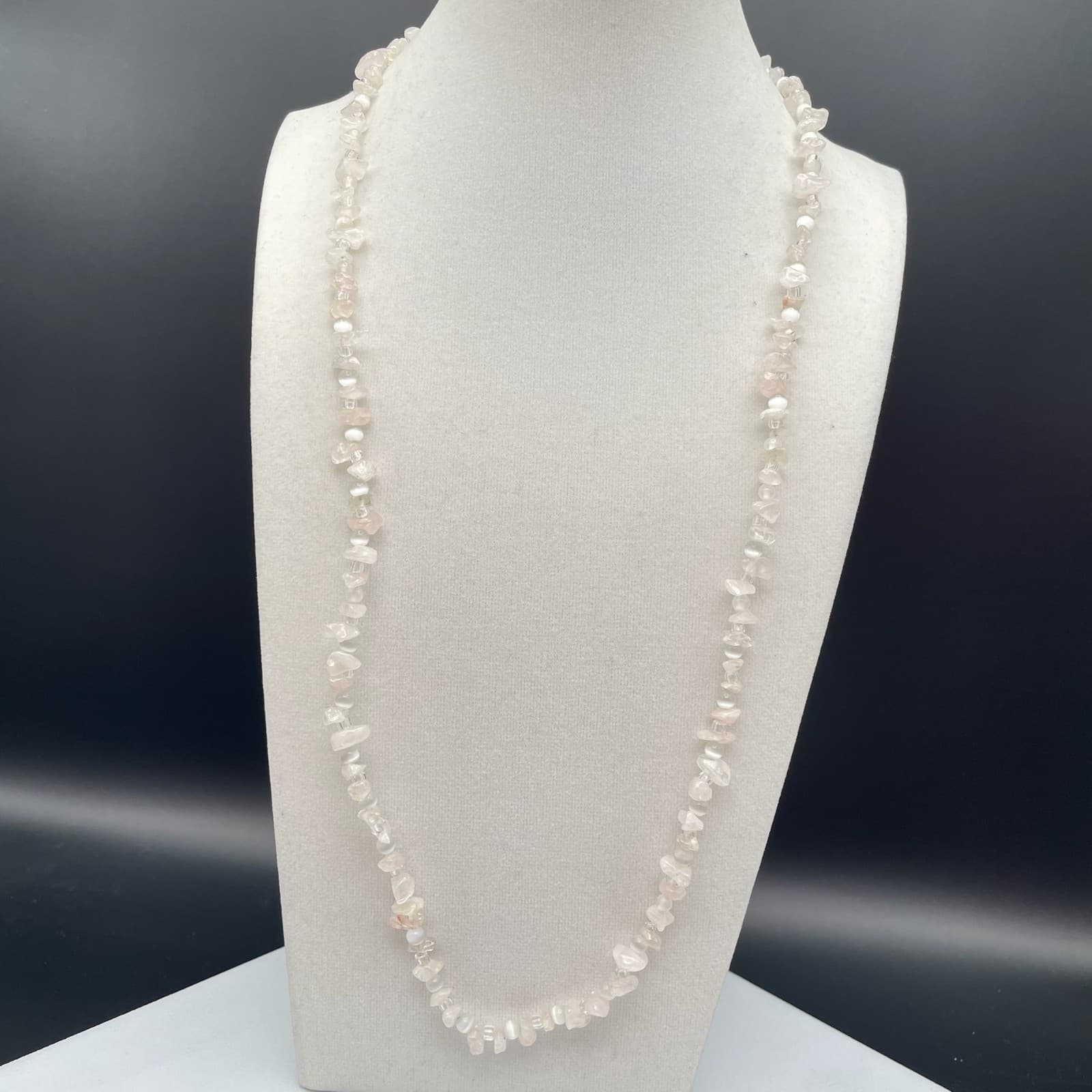 Vintage Genuine Natural Rose Quartz Tumbled Stone Chip Polished Beaded Necklace - Image 1