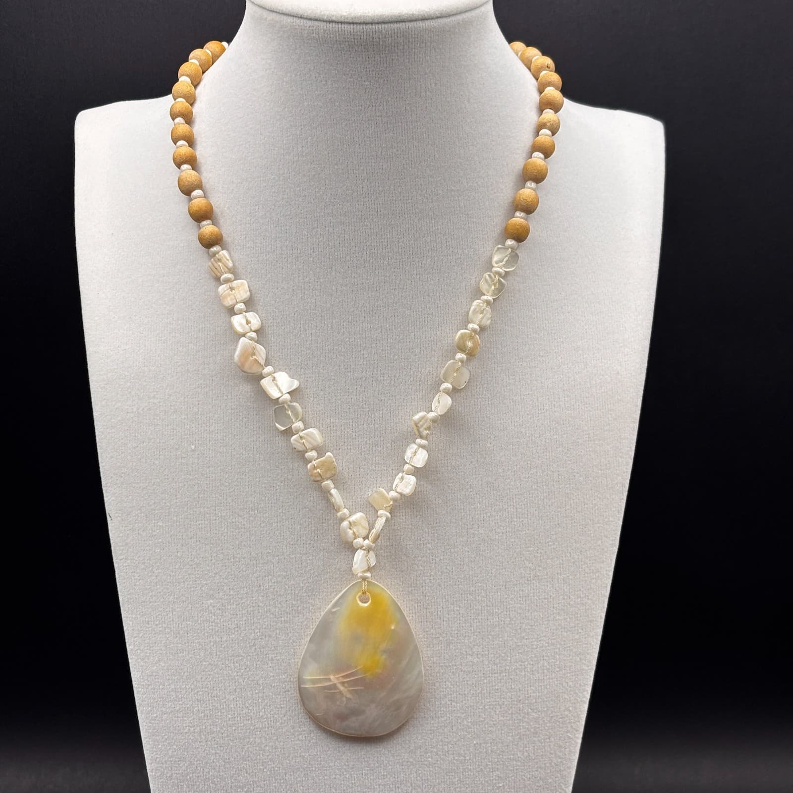 Vintage Boho Wood Bead Mother of Pearl Pendant Necklace Beach Tribal Jewelry - Image 1