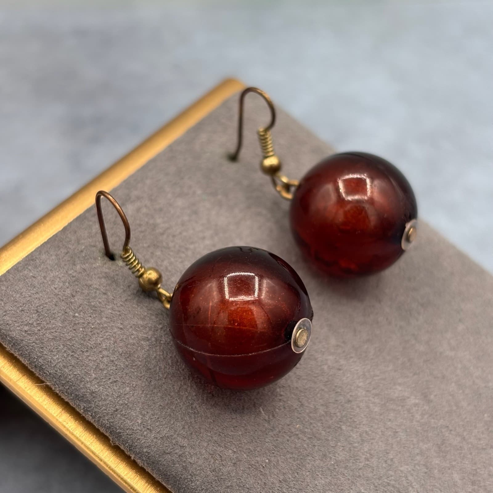 Vintage Baltic Amber Sphere Drop Earrings - Image 1