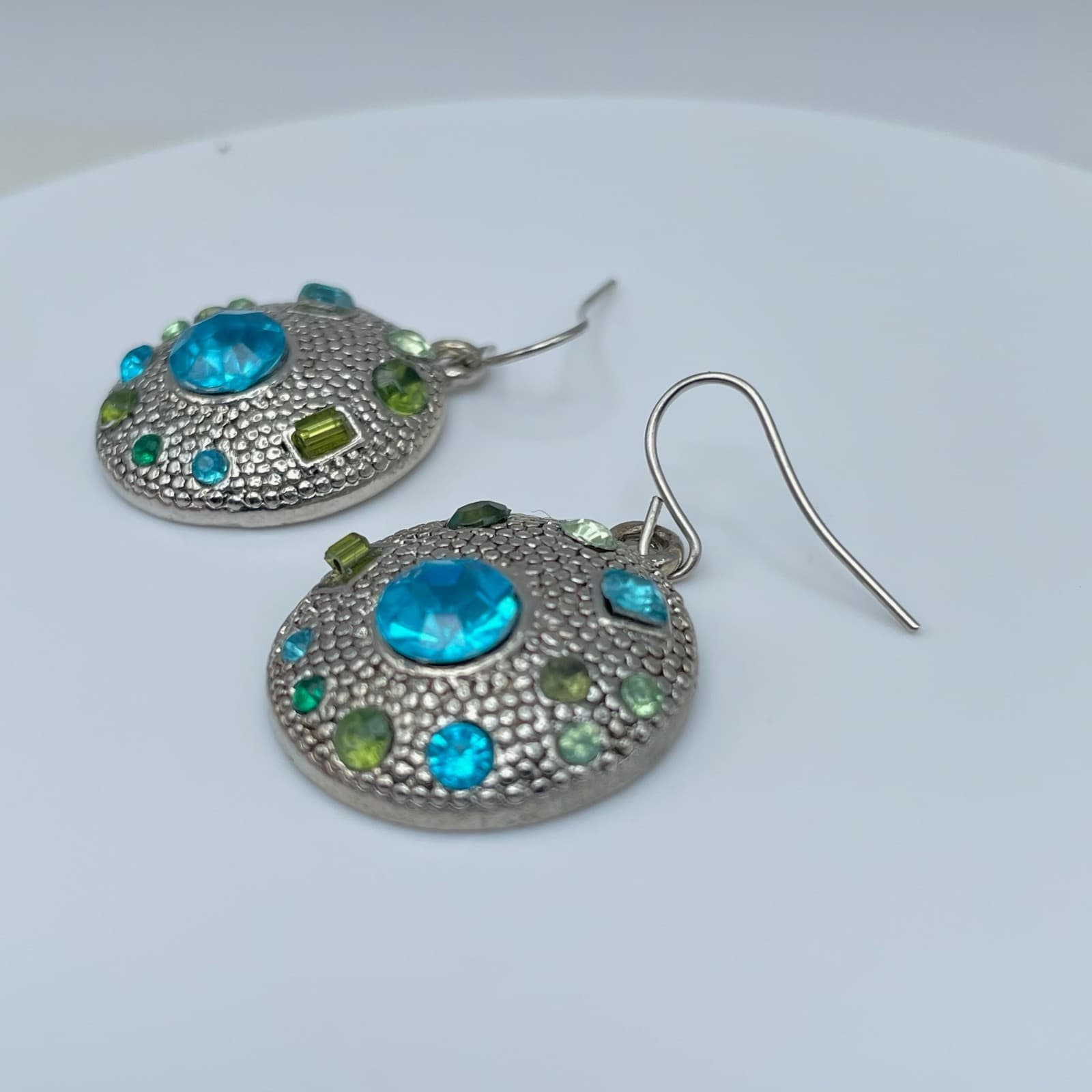 Vintage 80s Locke Silver Tone Blue Green Hook Dangle Earrings Jewelry - Thumbnail 3