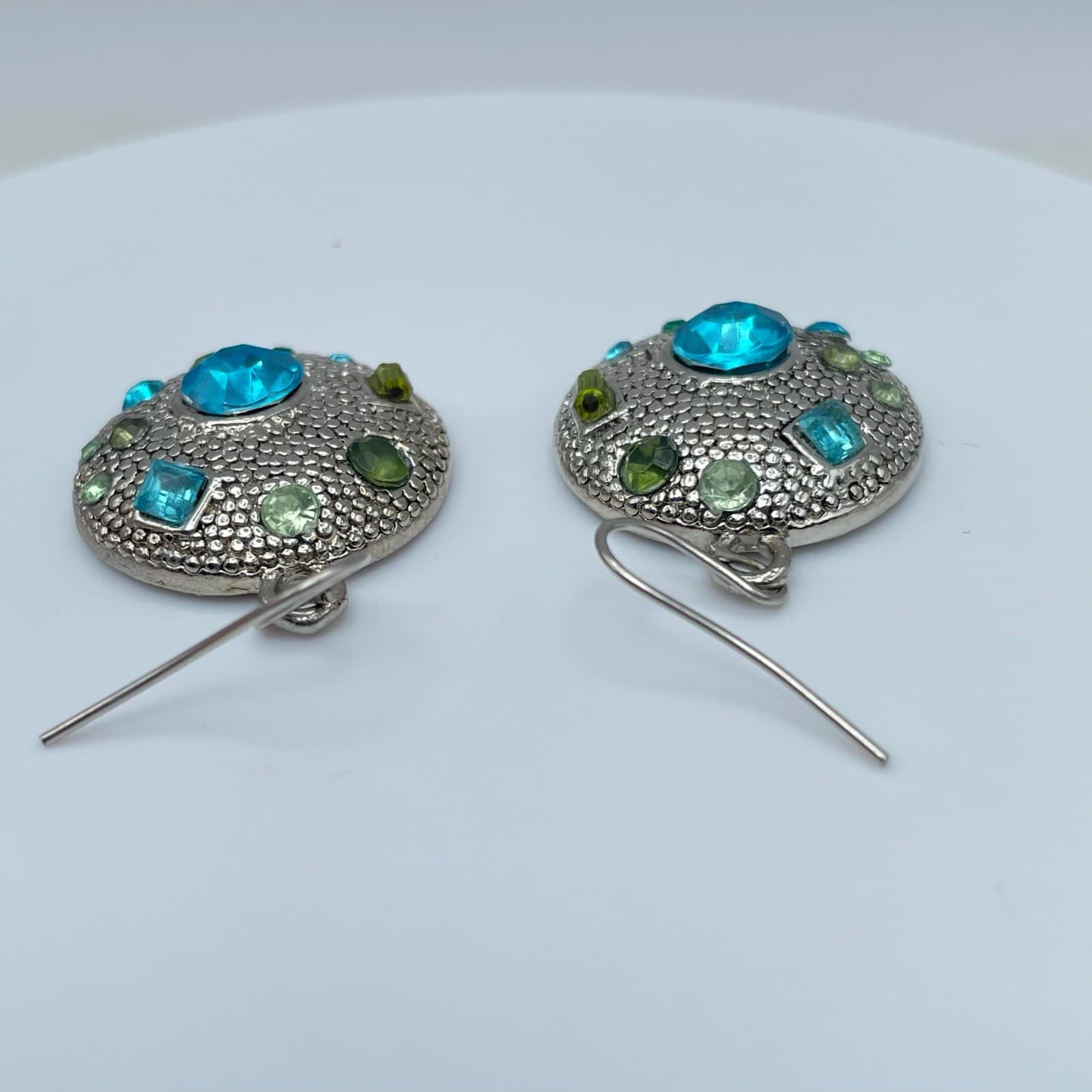 Vintage 80s Locke Silver Tone Blue Green Hook Dangle Earrings Jewelry - Thumbnail 5