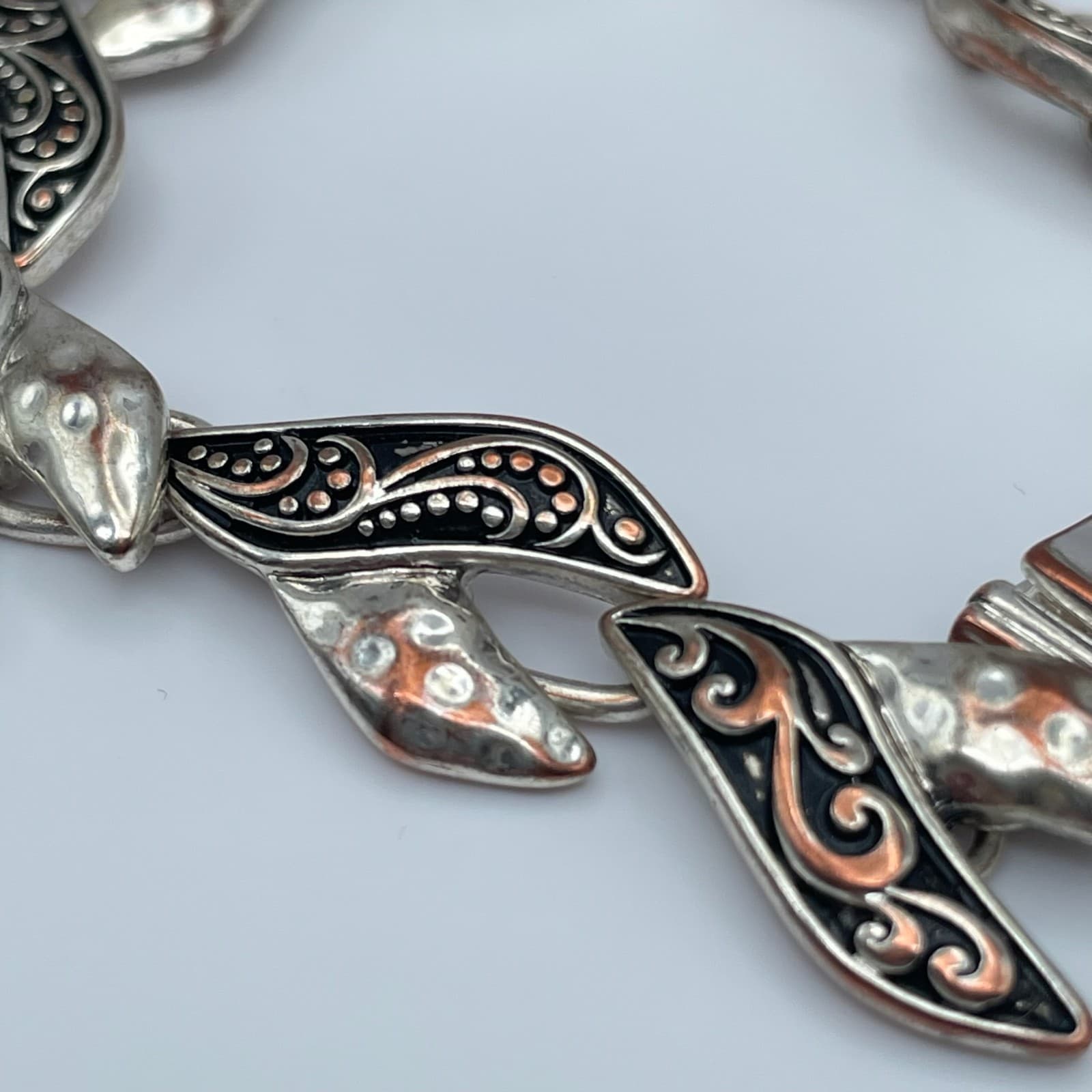 Vintage 80s Silver-Tone Hammered Enamel Abstract Link Statement Bracelet Jewelry - Thumbnail 7