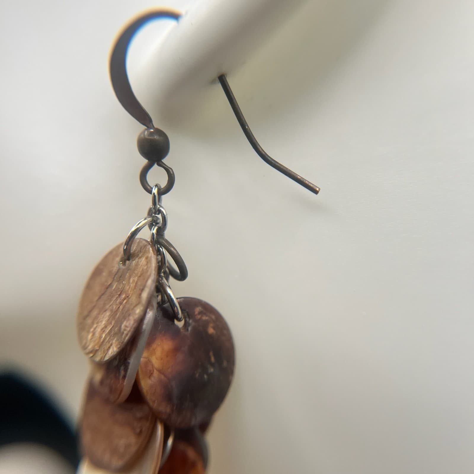 Vintage Shell Disc Dangle Earrings Brown Tan Boho Long Drop Natural Shells Style - Thumbnail 6