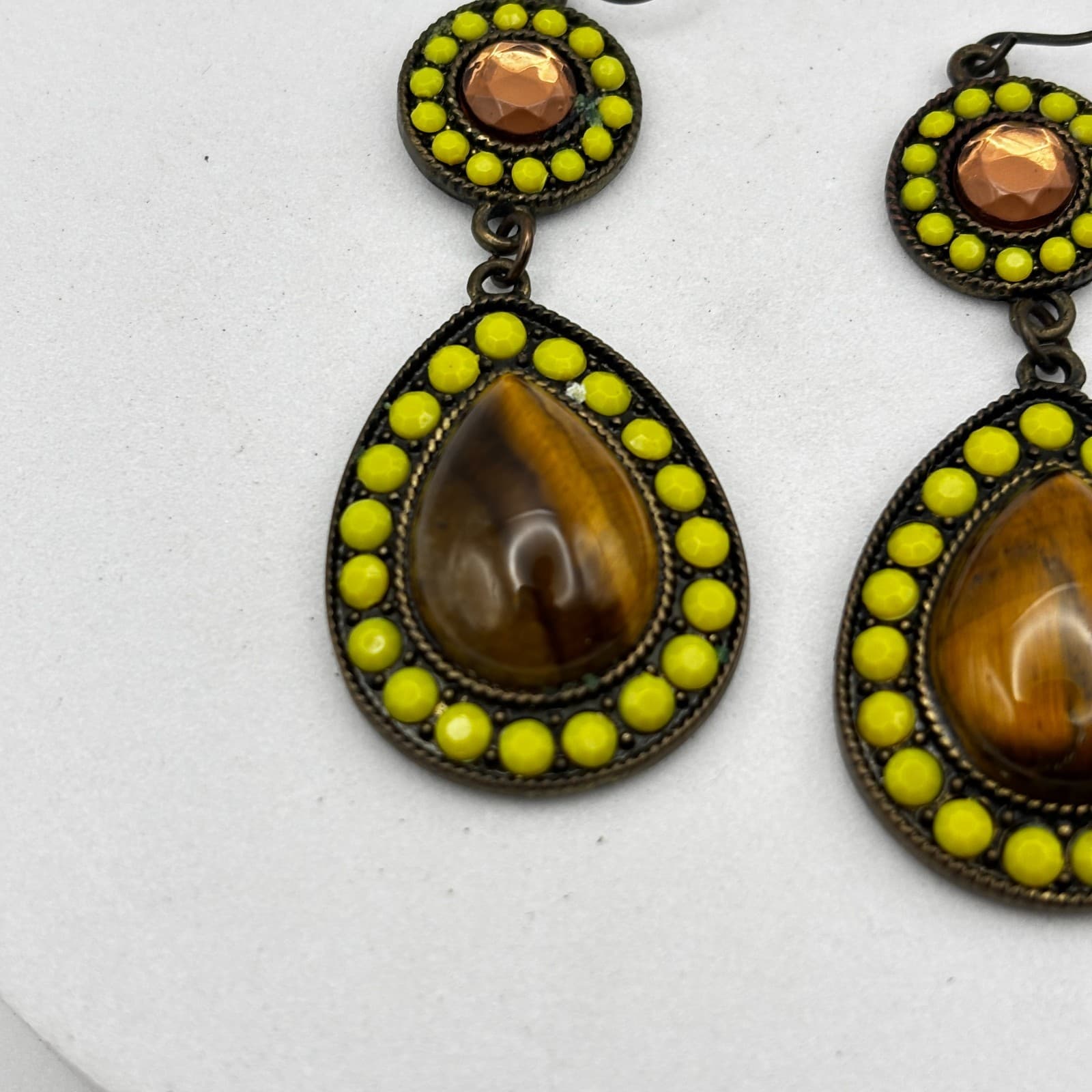 Vintage 90s Gold Tone Round Tiger Eye Stone Dangle Earrings Boho Women's Jewelry - Thumbnail 3