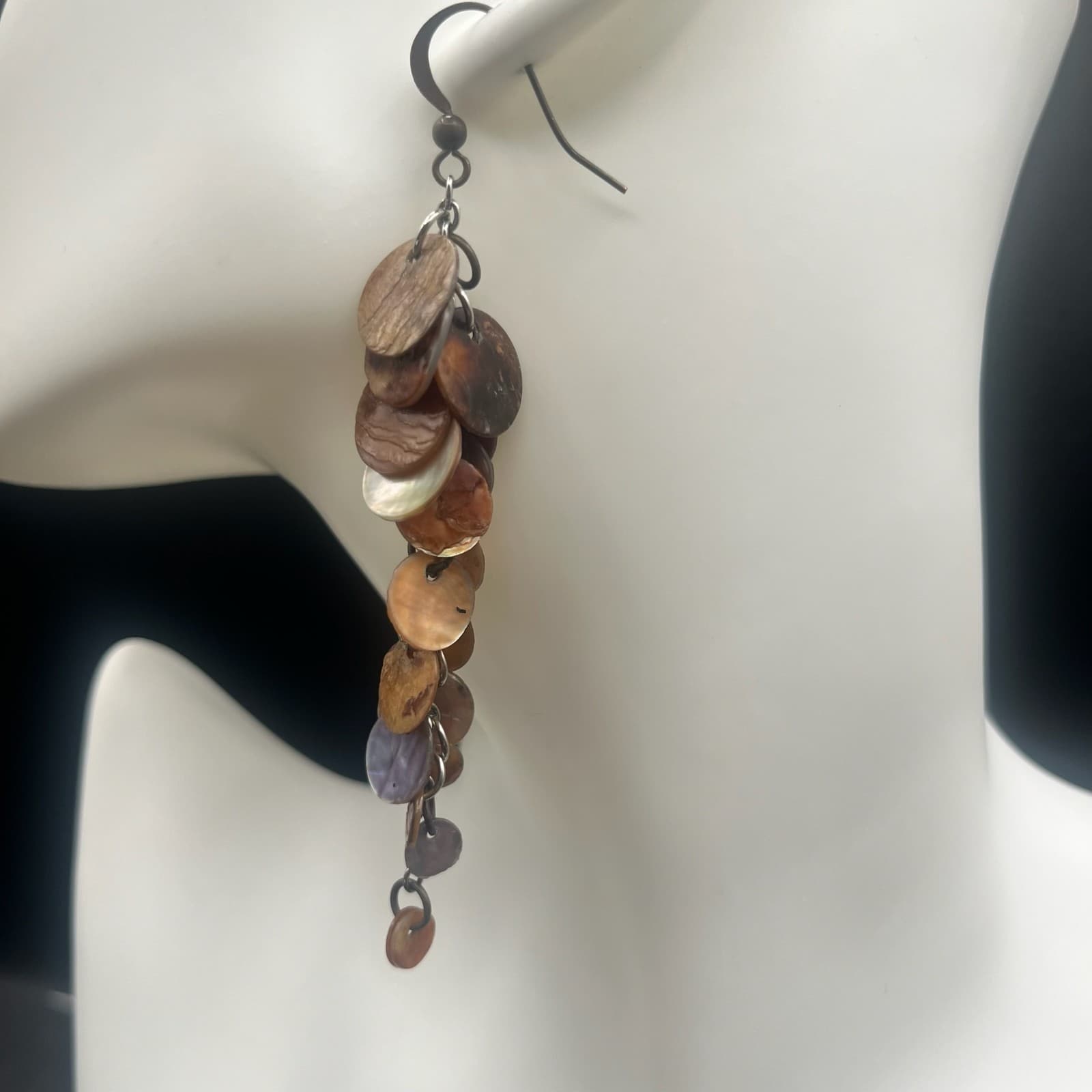 Vintage Shell Disc Dangle Earrings Brown Tan Boho Long Drop Natural Shells Style - Thumbnail 2