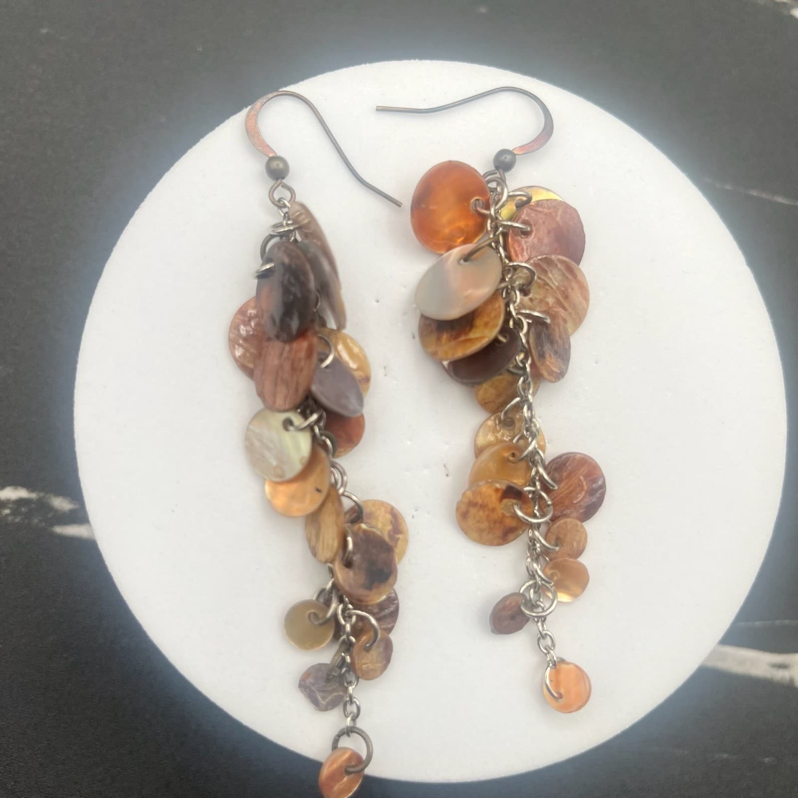 Vintage Shell Disc Dangle Earrings Brown Tan Boho Long Drop Natural Shells Style - Thumbnail 9