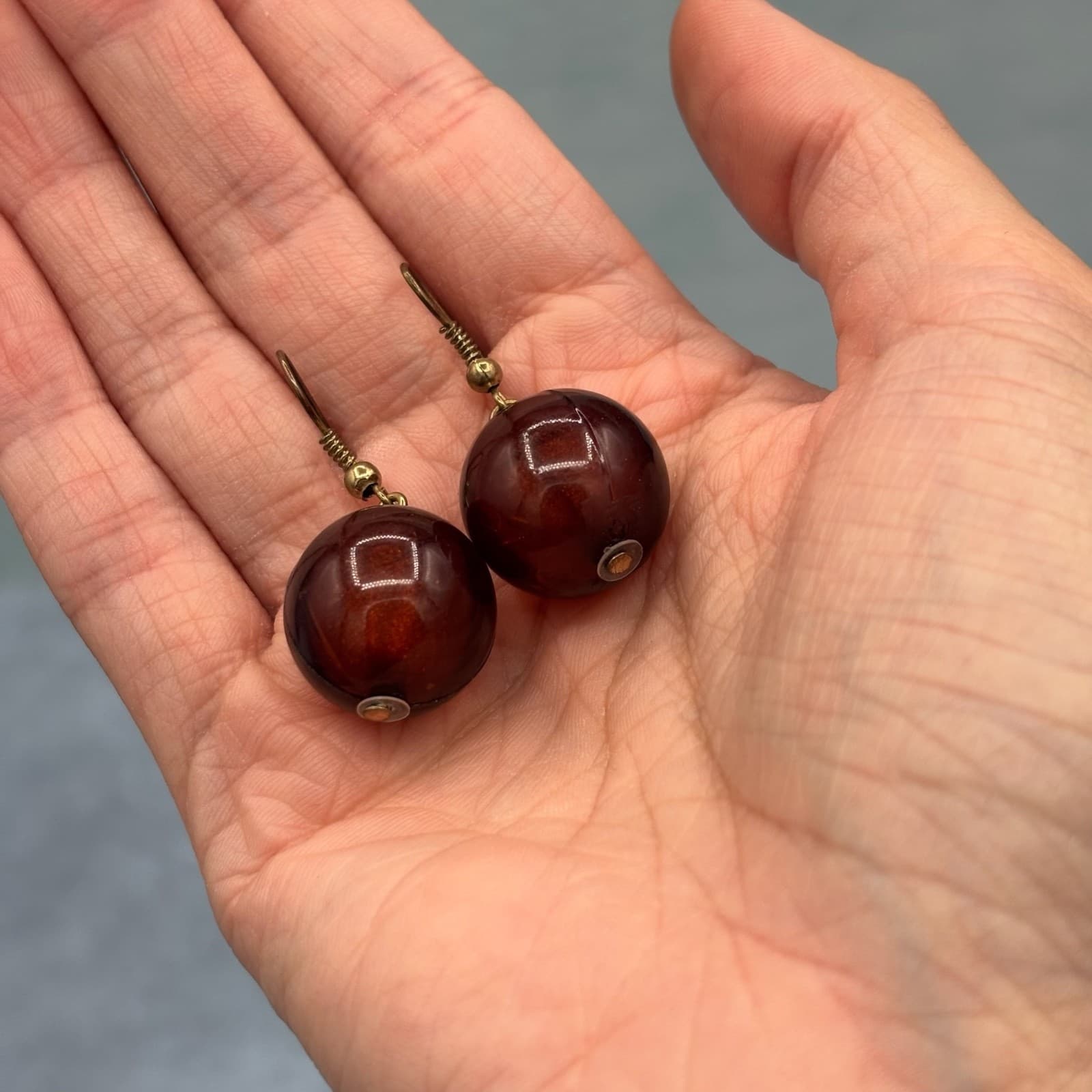 Vintage Baltic Amber Sphere Drop Earrings - Thumbnail 5