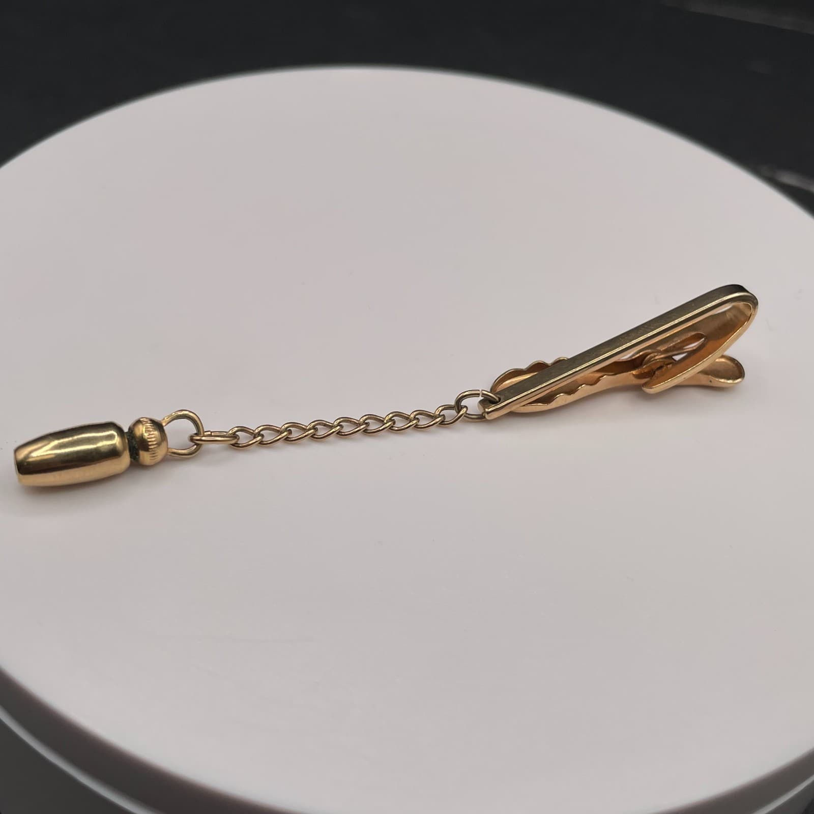 Vintage Tie Bar Chain Clip Bullet Tip Gold Tone Minimalist Classic Men's wear - Thumbnail 2