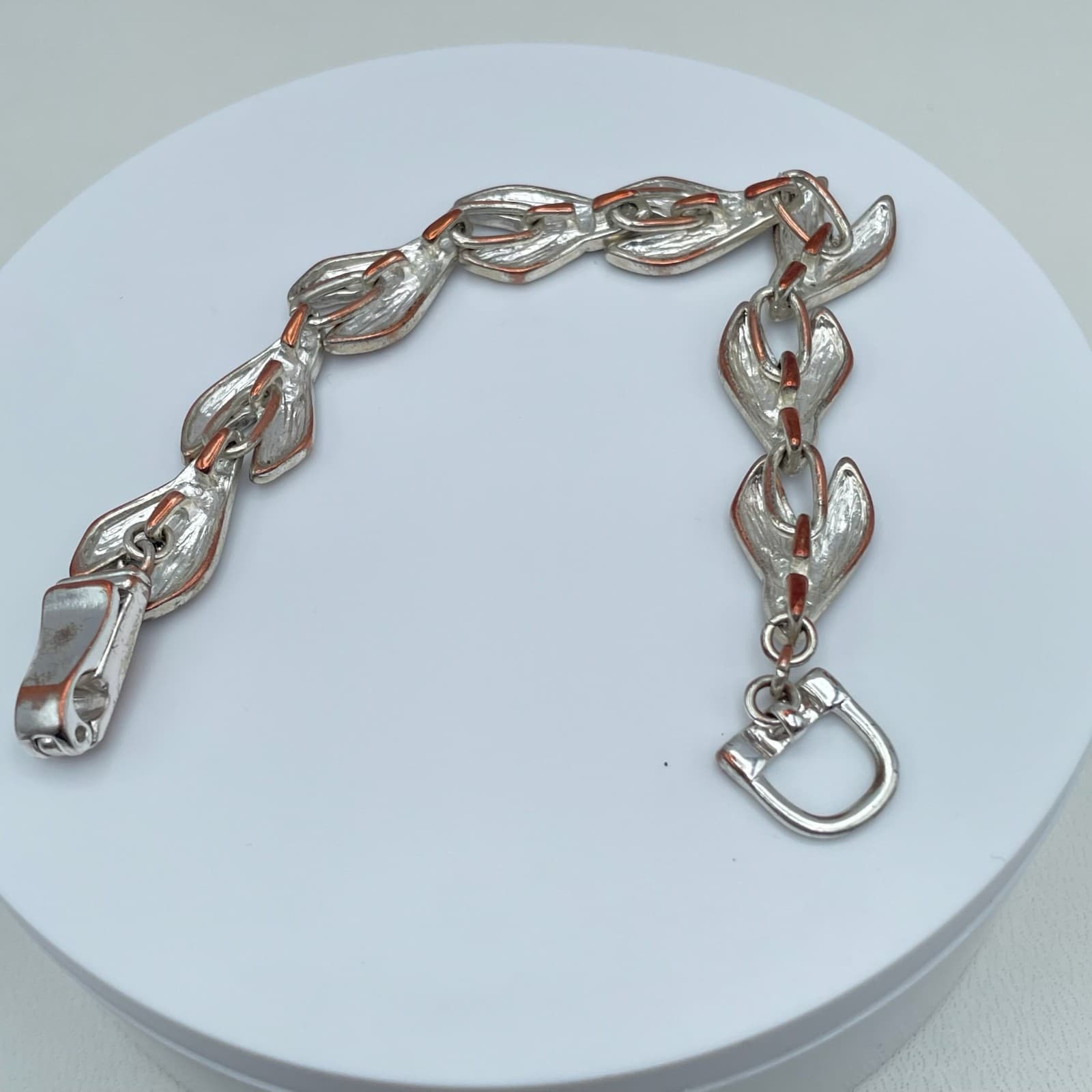 Vintage 80s Silver-Tone Hammered Enamel Abstract Link Statement Bracelet Jewelry - Thumbnail 8