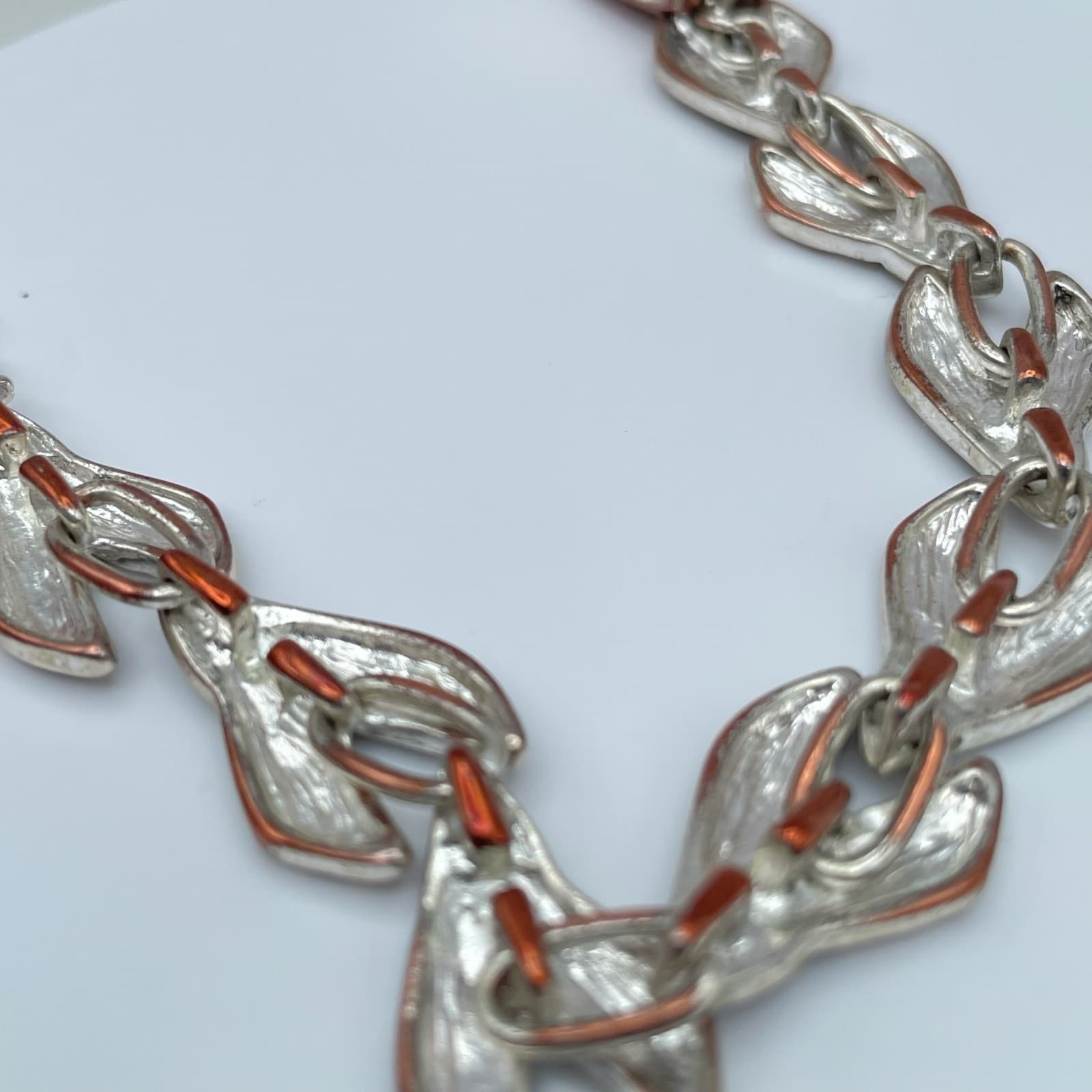 Vintage 80s Silver-Tone Hammered Enamel Abstract Link Statement Bracelet Jewelry - Thumbnail 10