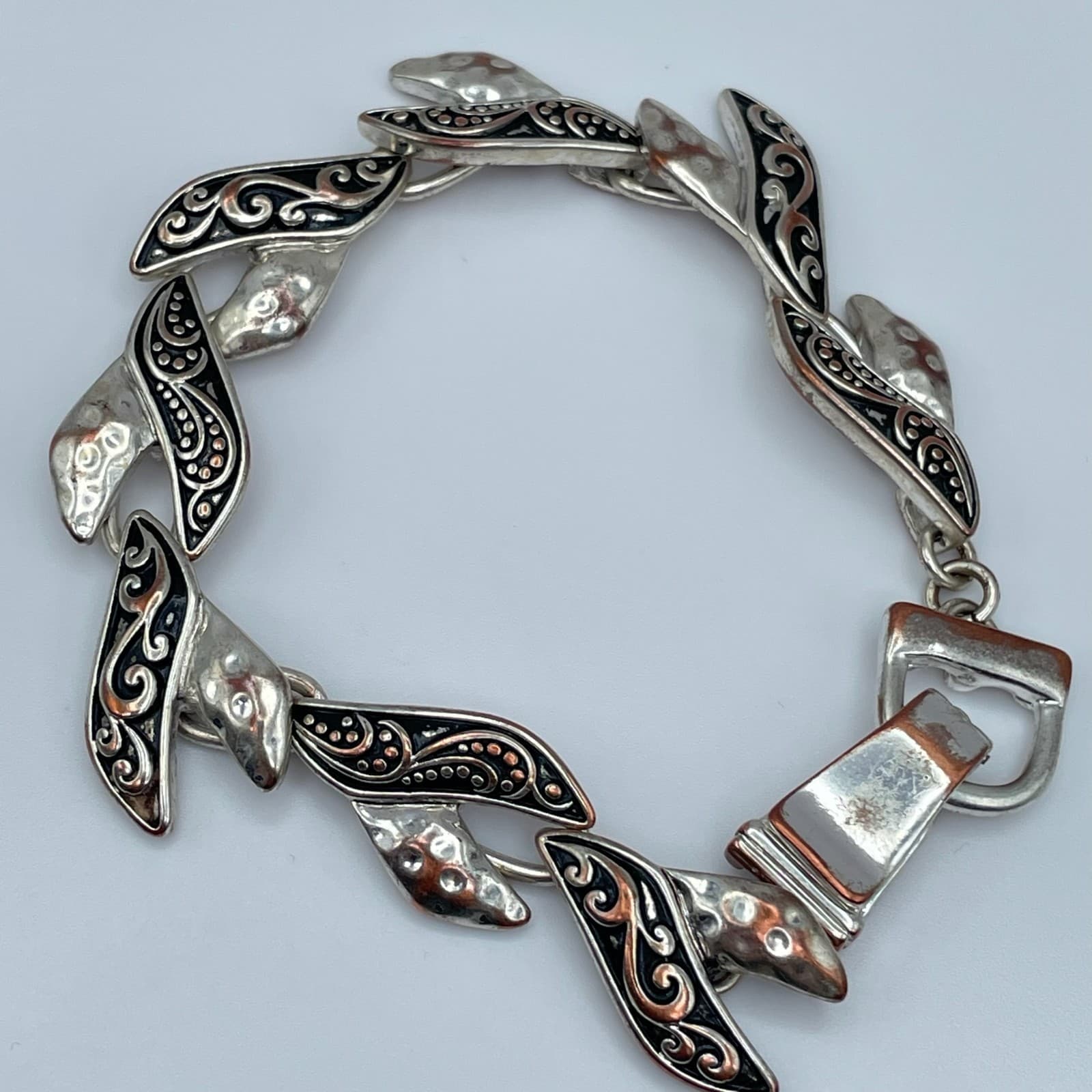 Vintage 80s Silver-Tone Hammered Enamel Abstract Link Statement Bracelet Jewelry - Thumbnail 6