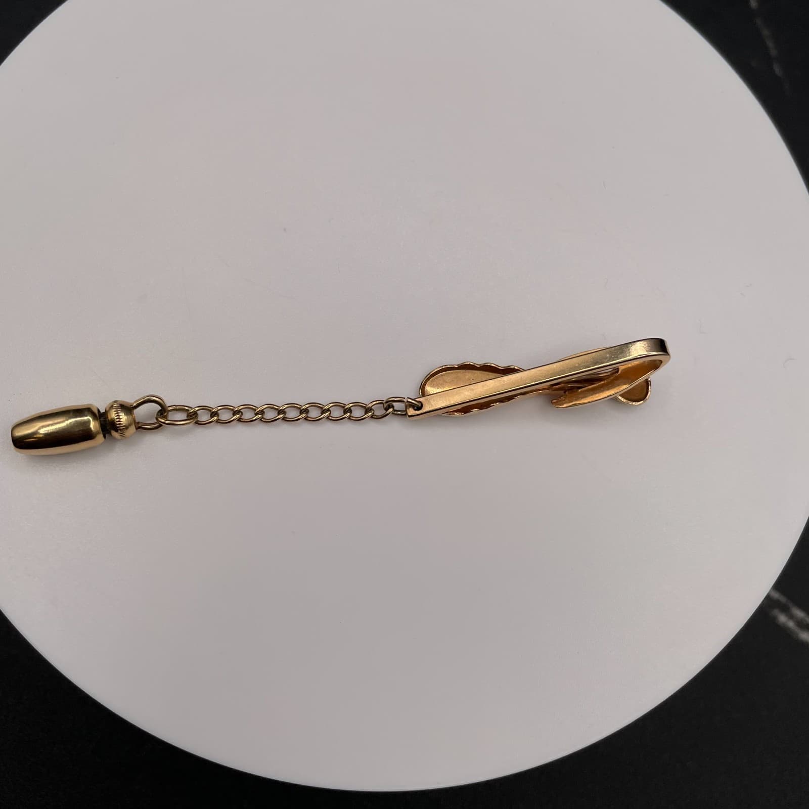 Vintage Tie Bar Chain Clip Bullet Tip Gold Tone Minimalist Classic Men's wear - Image 1