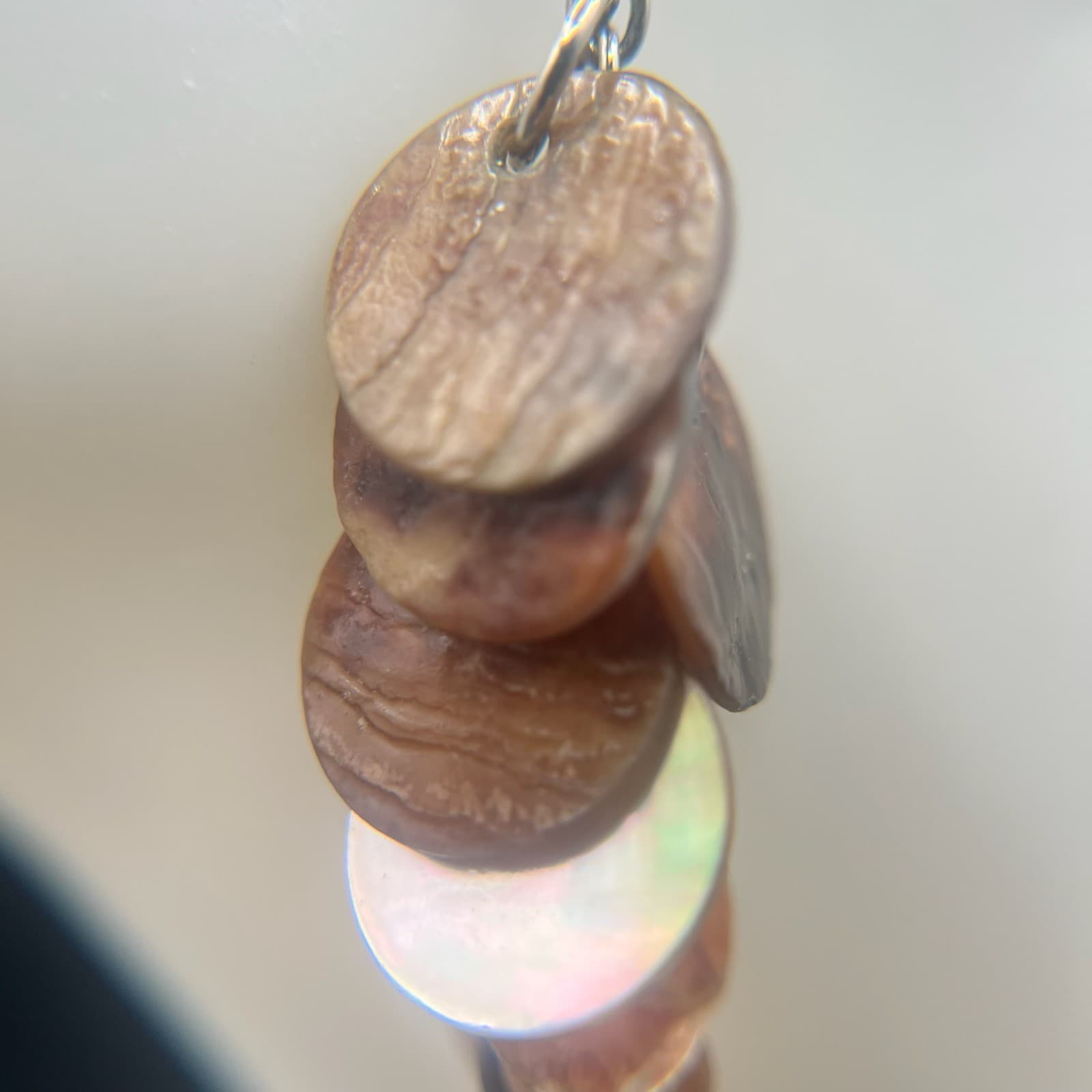 Vintage Shell Disc Dangle Earrings Brown Tan Boho Long Drop Natural Shells Style - Thumbnail 3