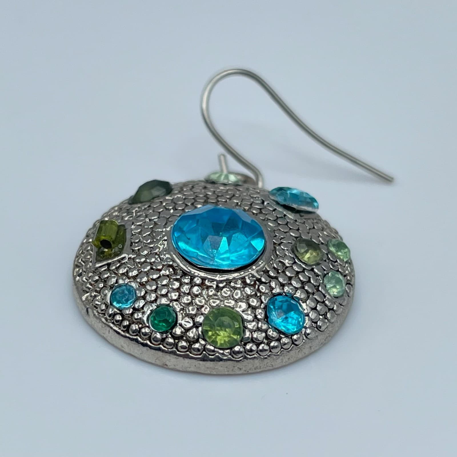 Vintage 80s Locke Silver Tone Blue Green Hook Dangle Earrings Jewelry - Thumbnail 6