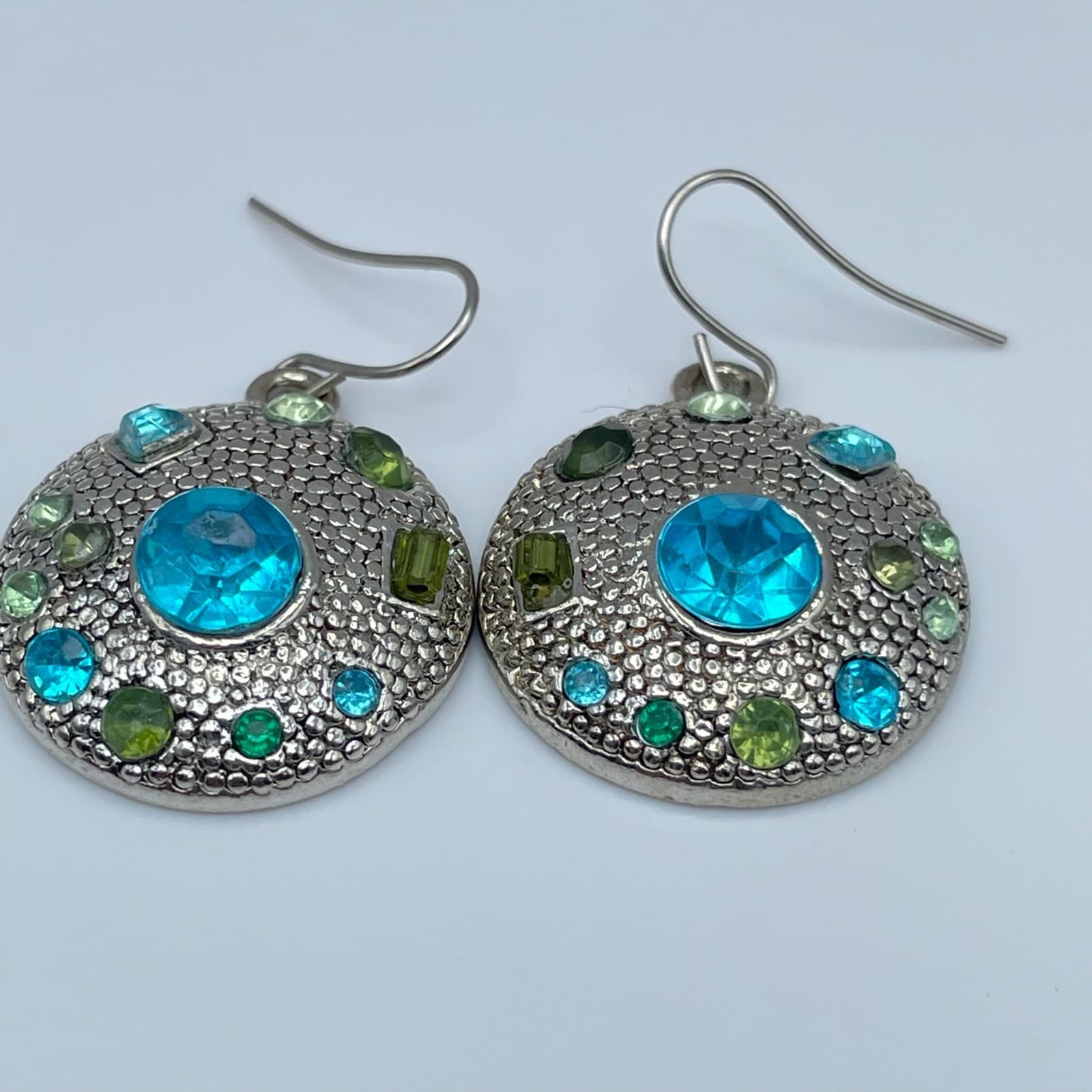 Vintage 80s Locke Silver Tone Blue Green Hook Dangle Earrings Jewelry - Thumbnail 8