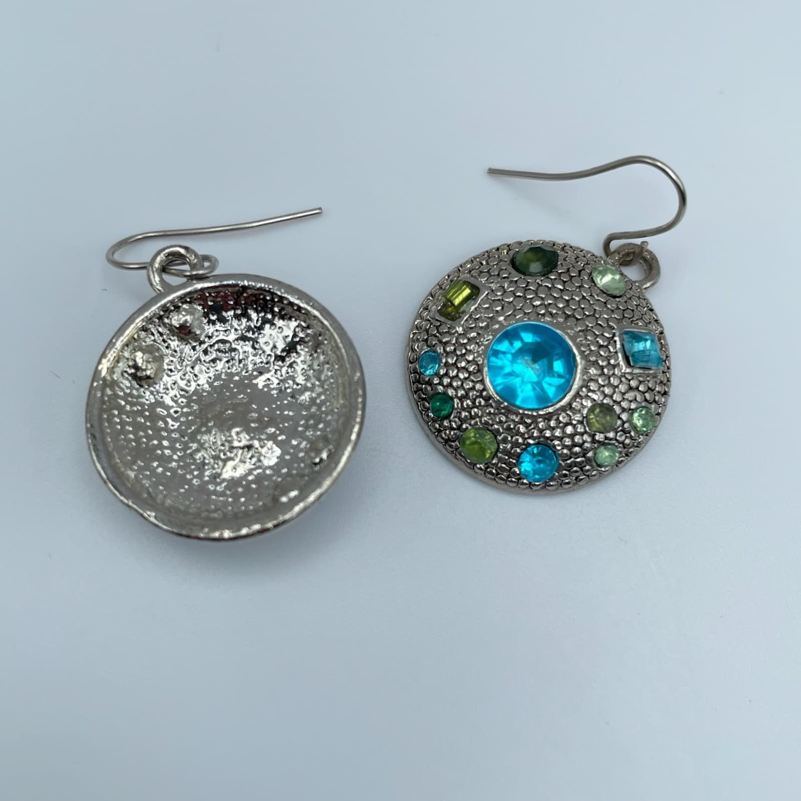 Vintage 80s Locke Silver Tone Blue Green Hook Dangle Earrings Jewelry - Thumbnail 9