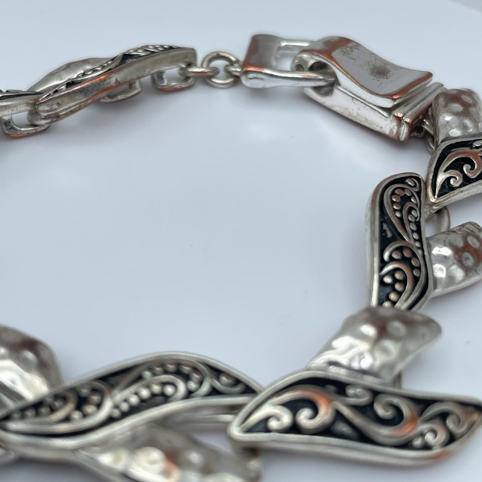 Vintage 80s Silver-Tone Hammered Enamel Abstract Link Statement Bracelet Jewelry - Thumbnail 3