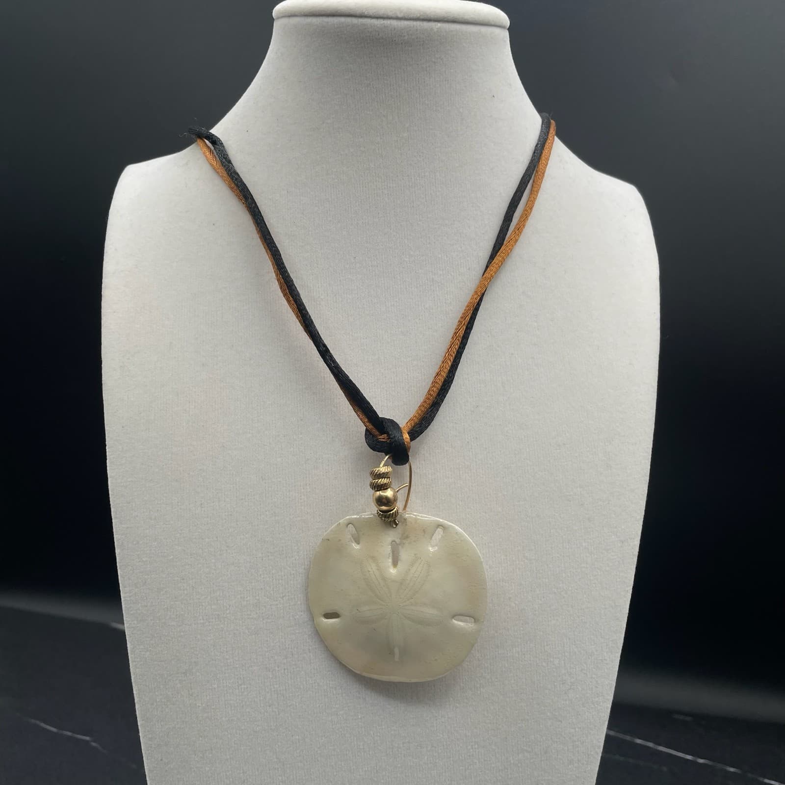 VTG Resin Coated Sand Dollar Pendant Necklace Boho Beach Cord Charm 20" Neutral - Image 1