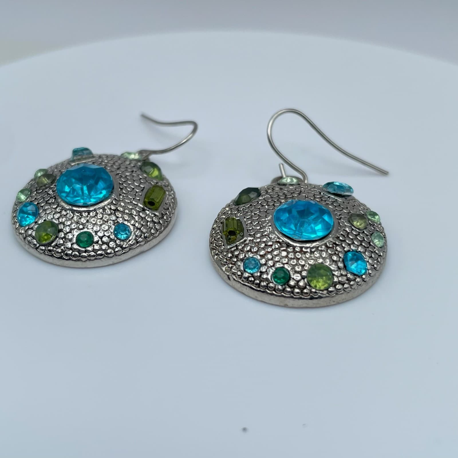 Vintage 80s Locke Silver Tone Blue Green Hook Dangle Earrings Jewelry - Thumbnail 2