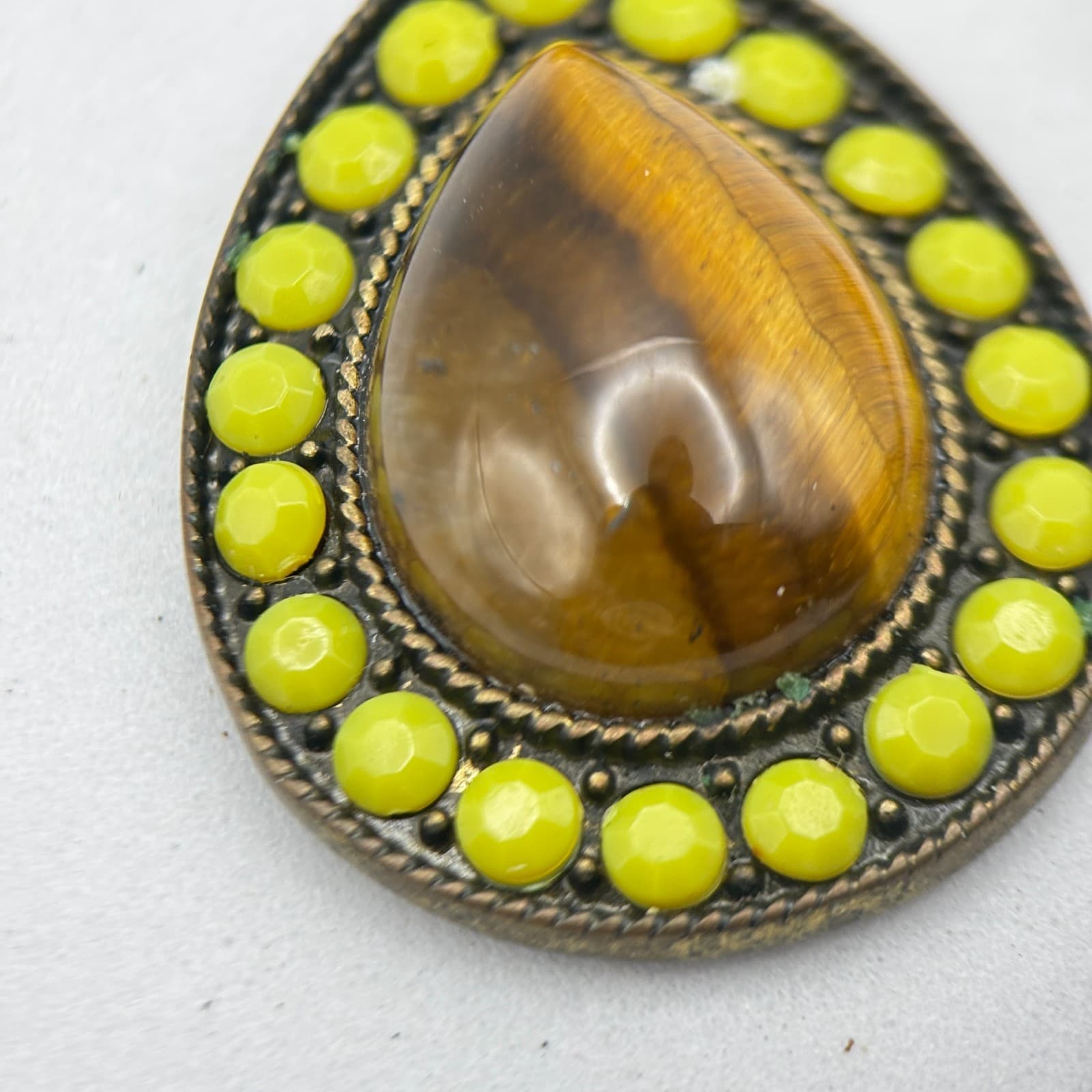 Vintage 90s Gold Tone Round Tiger Eye Stone Dangle Earrings Boho Women's Jewelry - Thumbnail 6