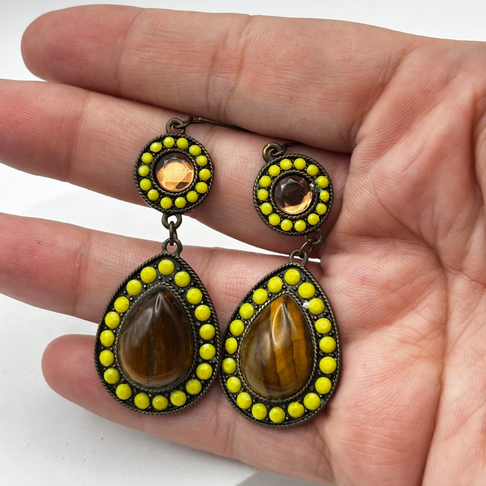 Vintage 90s Gold Tone Round Tiger Eye Stone Dangle Earrings Boho Women's Jewelry - Thumbnail 9