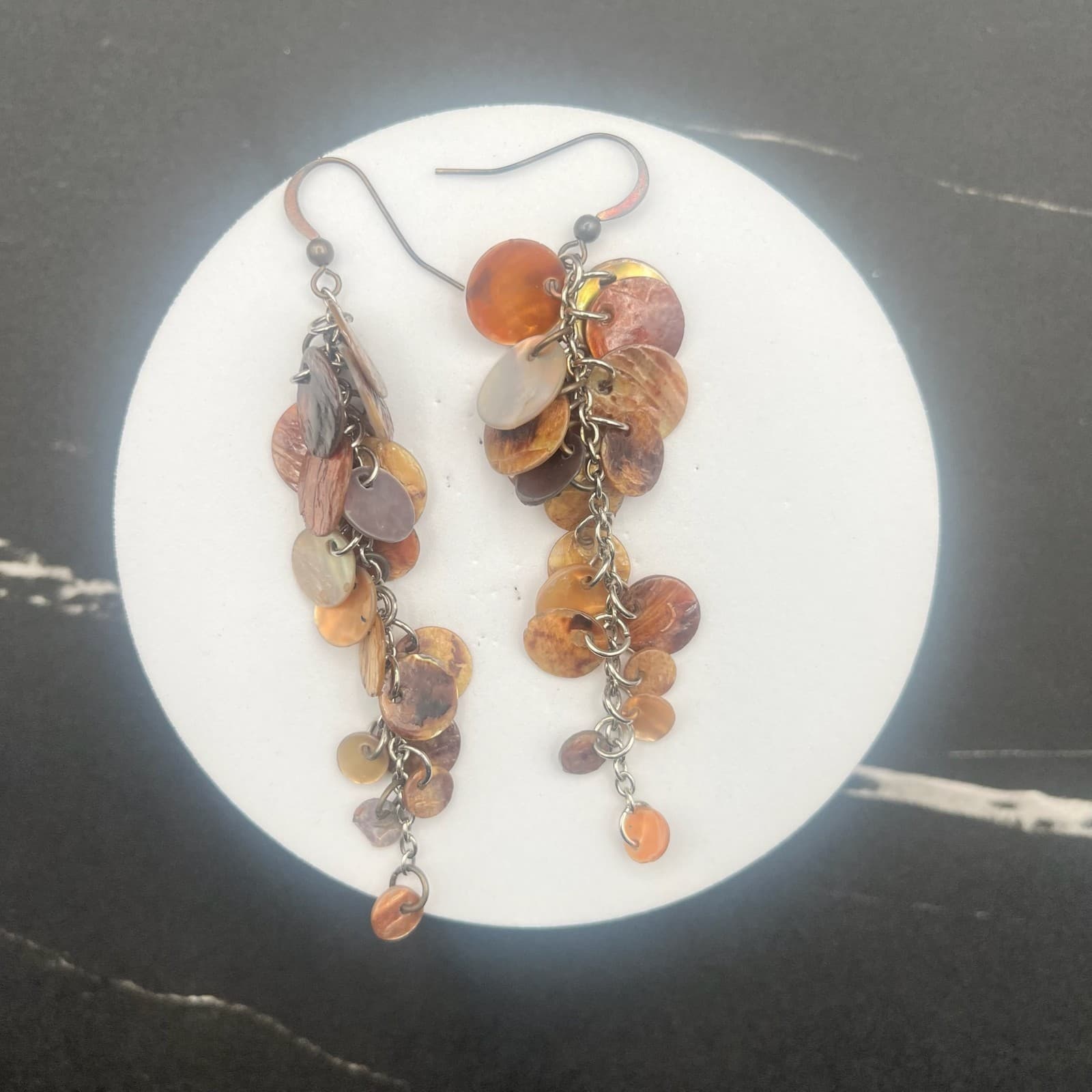 Vintage Shell Disc Dangle Earrings Brown Tan Boho Long Drop Natural Shells Style - Thumbnail 8