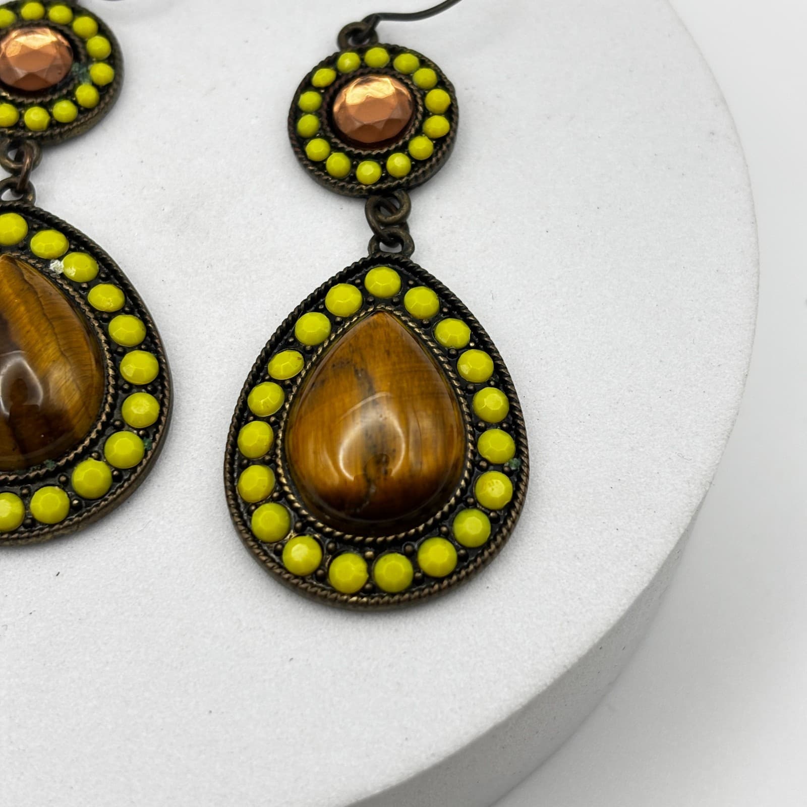 Vintage 90s Gold Tone Round Tiger Eye Stone Dangle Earrings Boho Women's Jewelry - Thumbnail 2