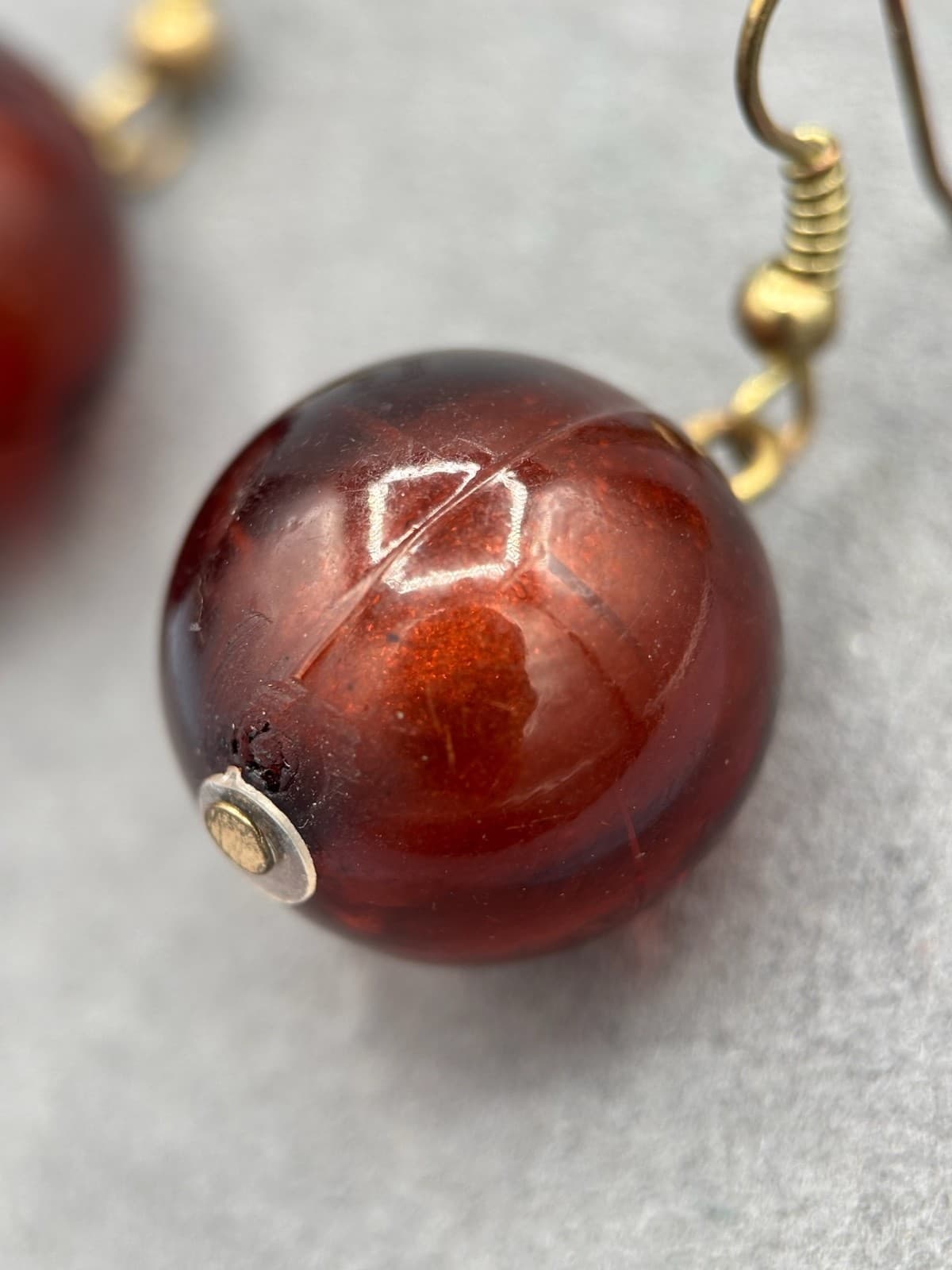 Vintage Baltic Amber Sphere Drop Earrings - Thumbnail 2