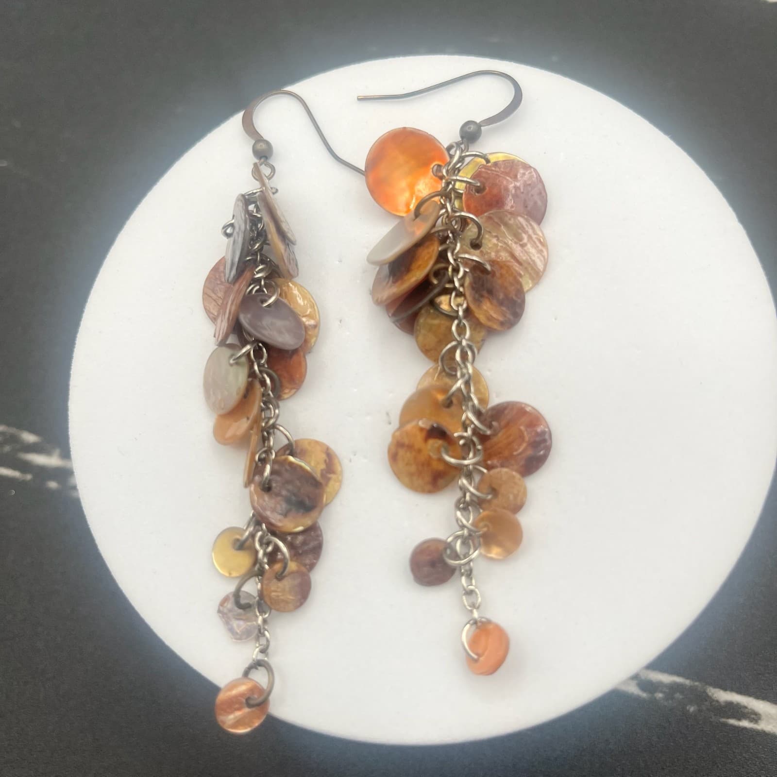 Vintage Shell Disc Dangle Earrings Brown Tan Boho Long Drop Natural Shells Style - Thumbnail 10