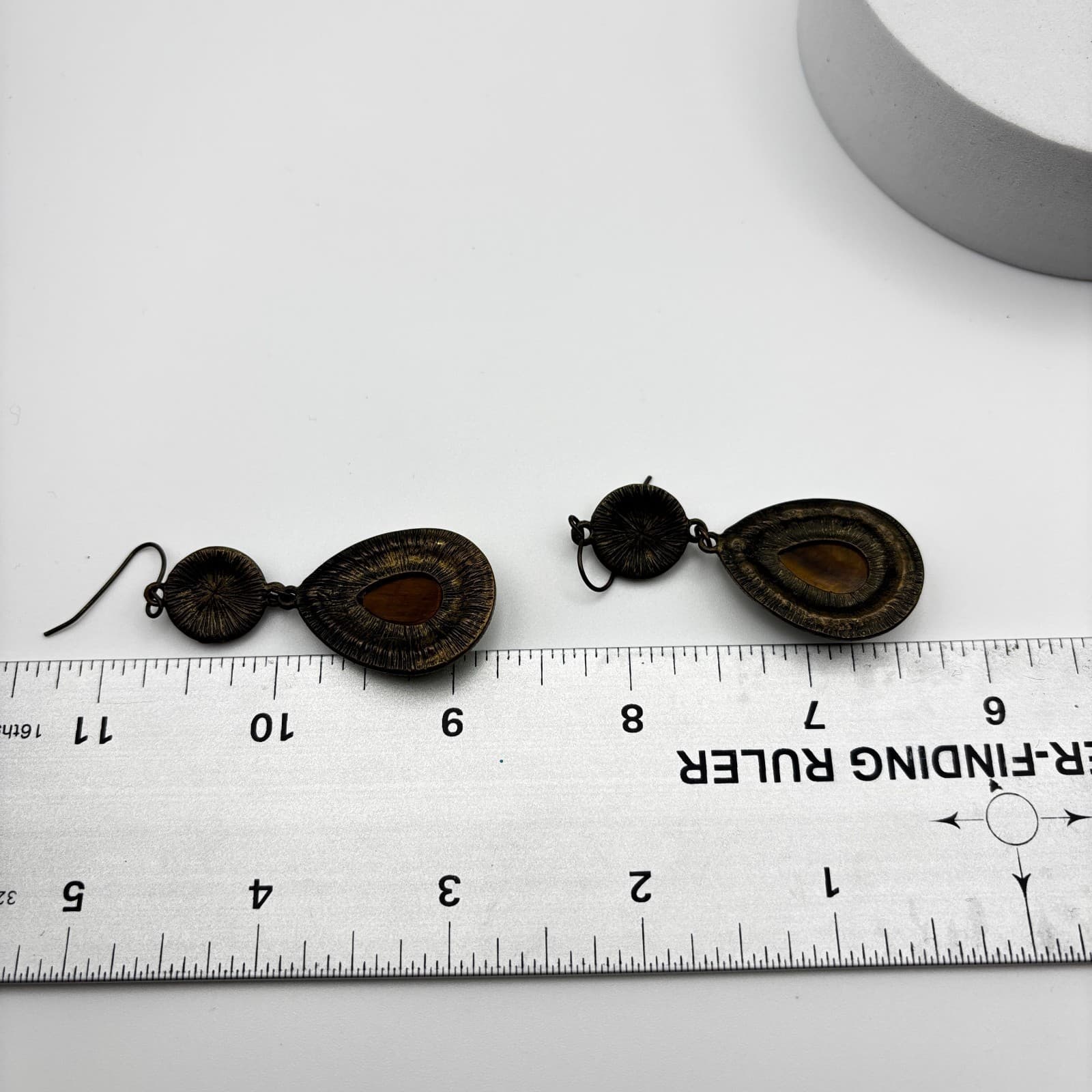 Vintage 90s Gold Tone Round Tiger Eye Stone Dangle Earrings Boho Women's Jewelry - Thumbnail 10