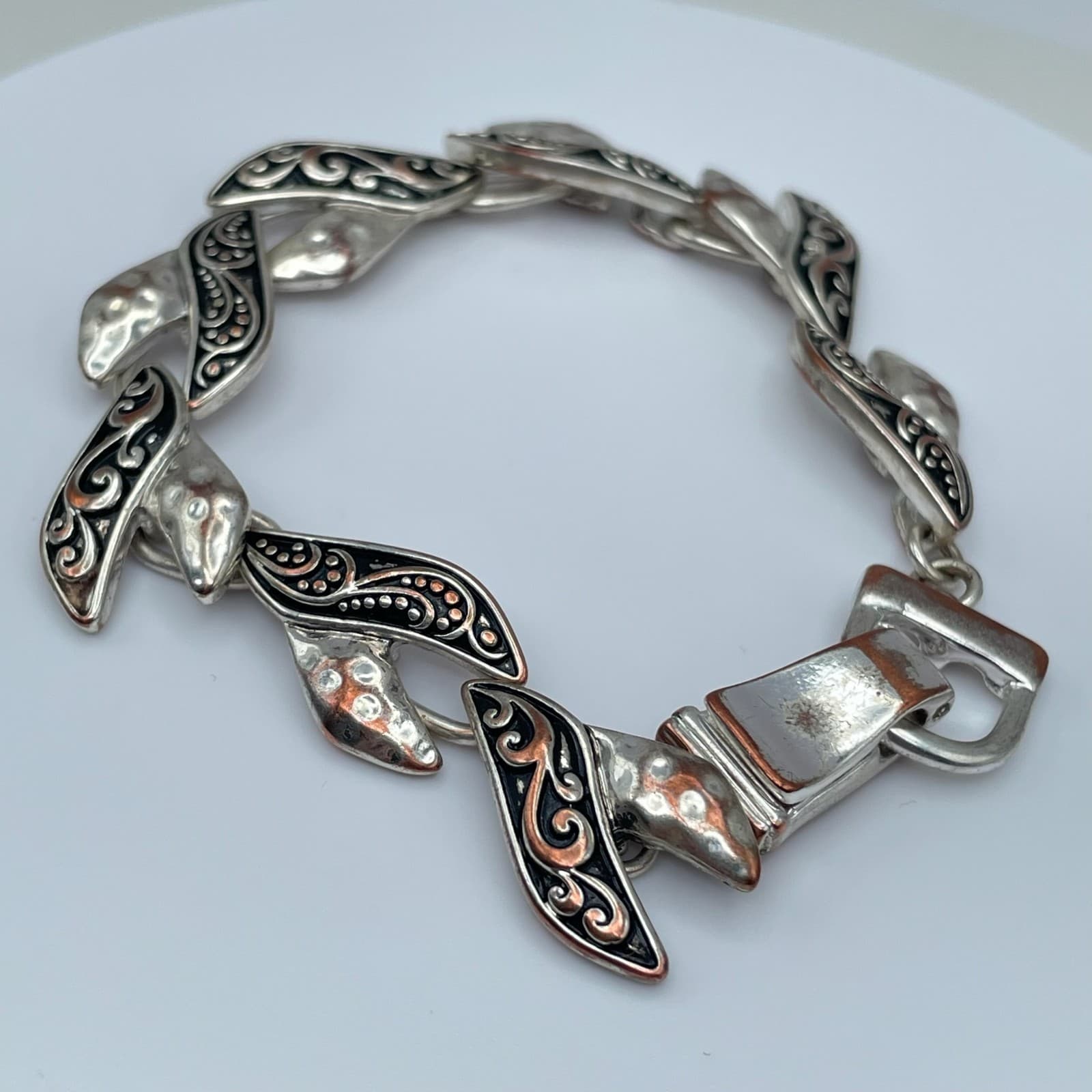 Vintage 80s Silver-Tone Hammered Enamel Abstract Link Statement Bracelet Jewelry - Thumbnail 5