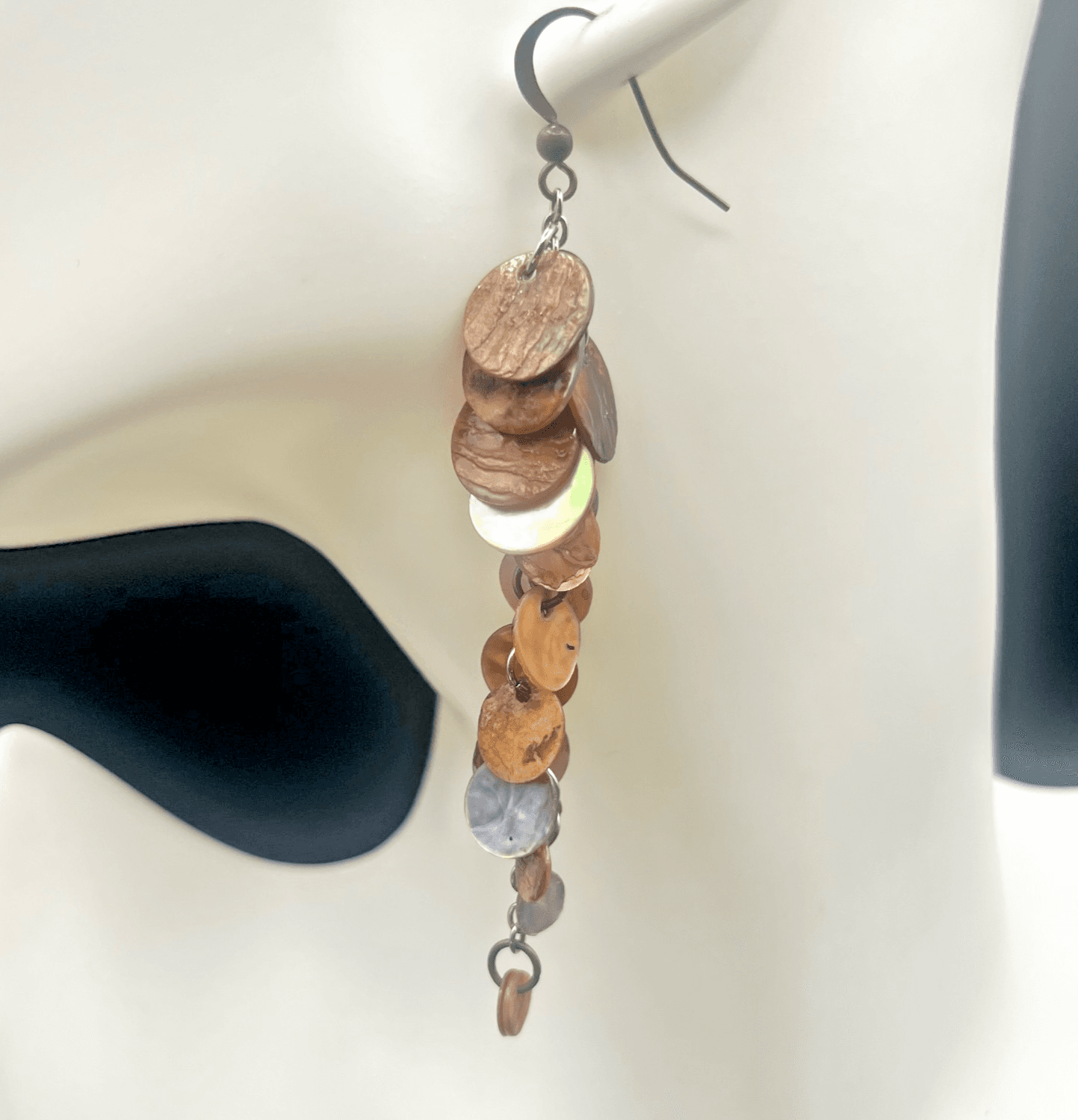 Vintage Shell Disc Dangle Earrings Brown Tan Boho Long Drop Natural Shells Style - Image 1