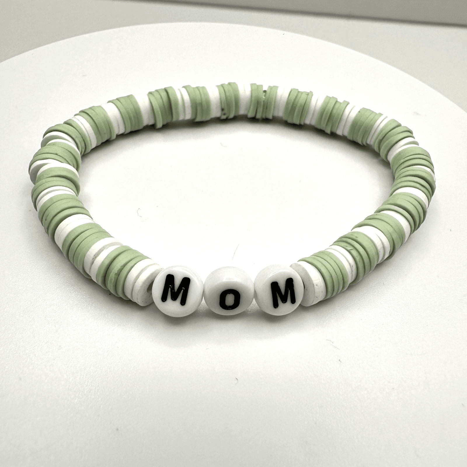 Vintage Y2K Sage Green & White Heishi Bead MOM Bracelet Boho Stretch Jewelry - Image 1