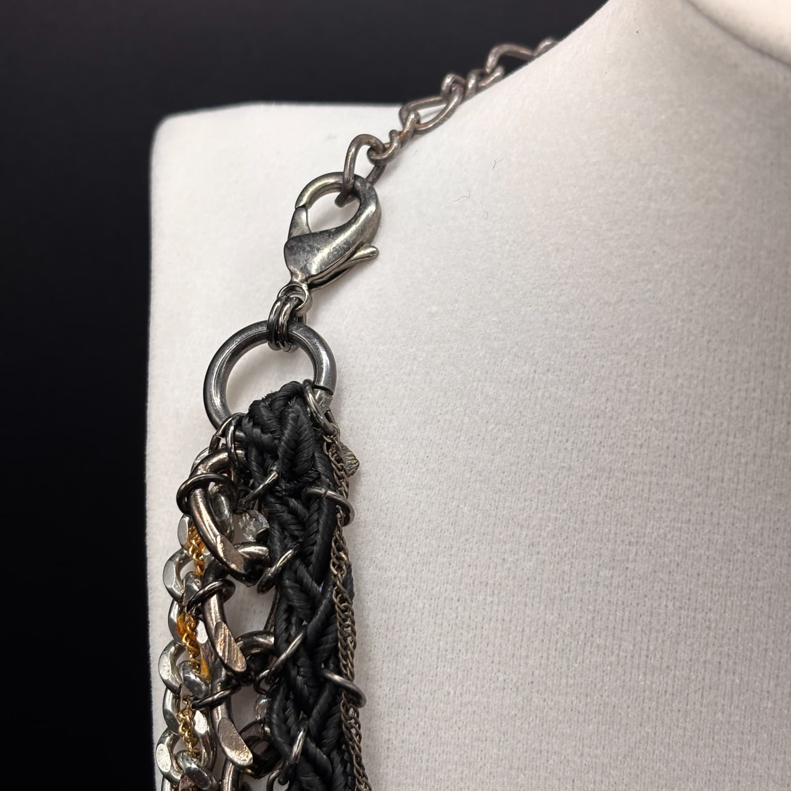 Vintage Y2K Black Cord Chain Dangle Beaded Statement Necklace Mixed Metal Boho - Thumbnail 3