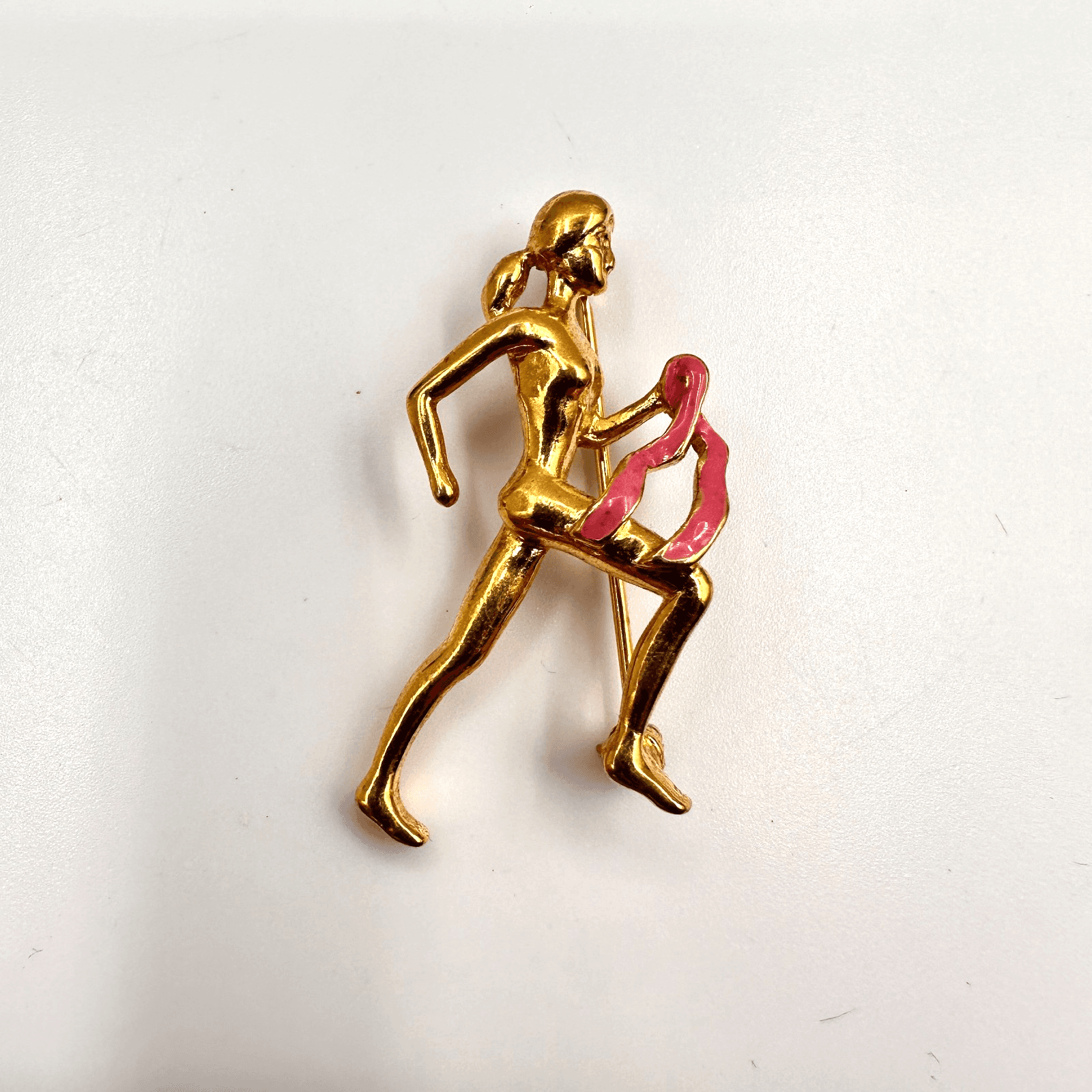 Vintage 90s Carolee Breast Cancer Awareness Pink Ribbon Runner Woman Brooch Pin - Image 1