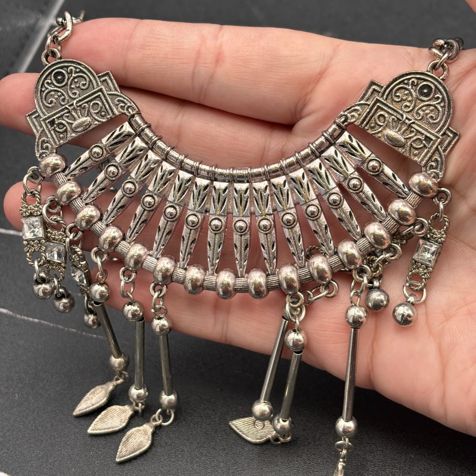 Boho Tribal Statement Necklace Silver Tone Gypsy Dangle Charms Ethnic Jewelry - Thumbnail 4