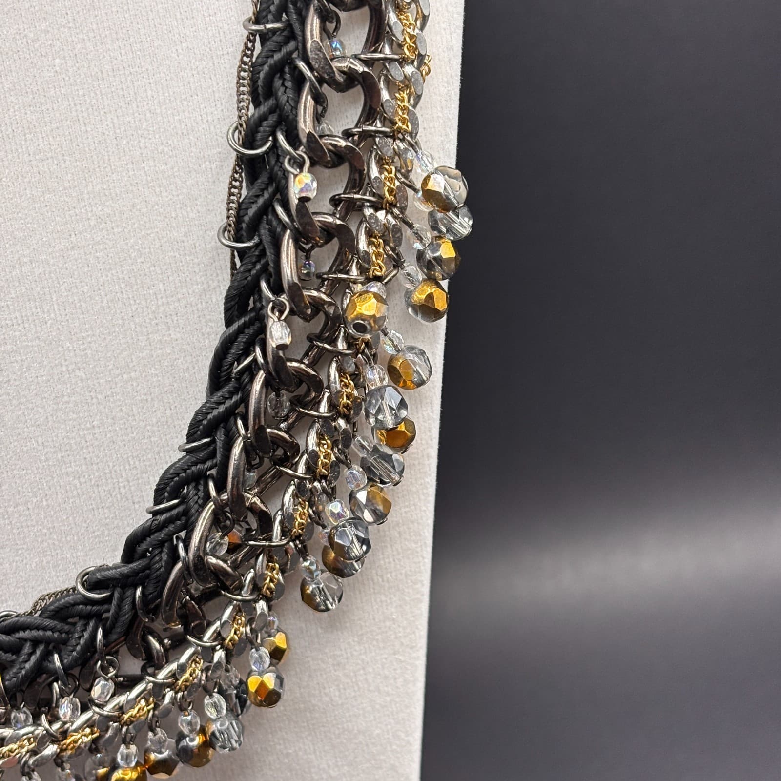 Vintage Y2K Black Cord Chain Dangle Beaded Statement Necklace Mixed Metal Boho - Thumbnail 6